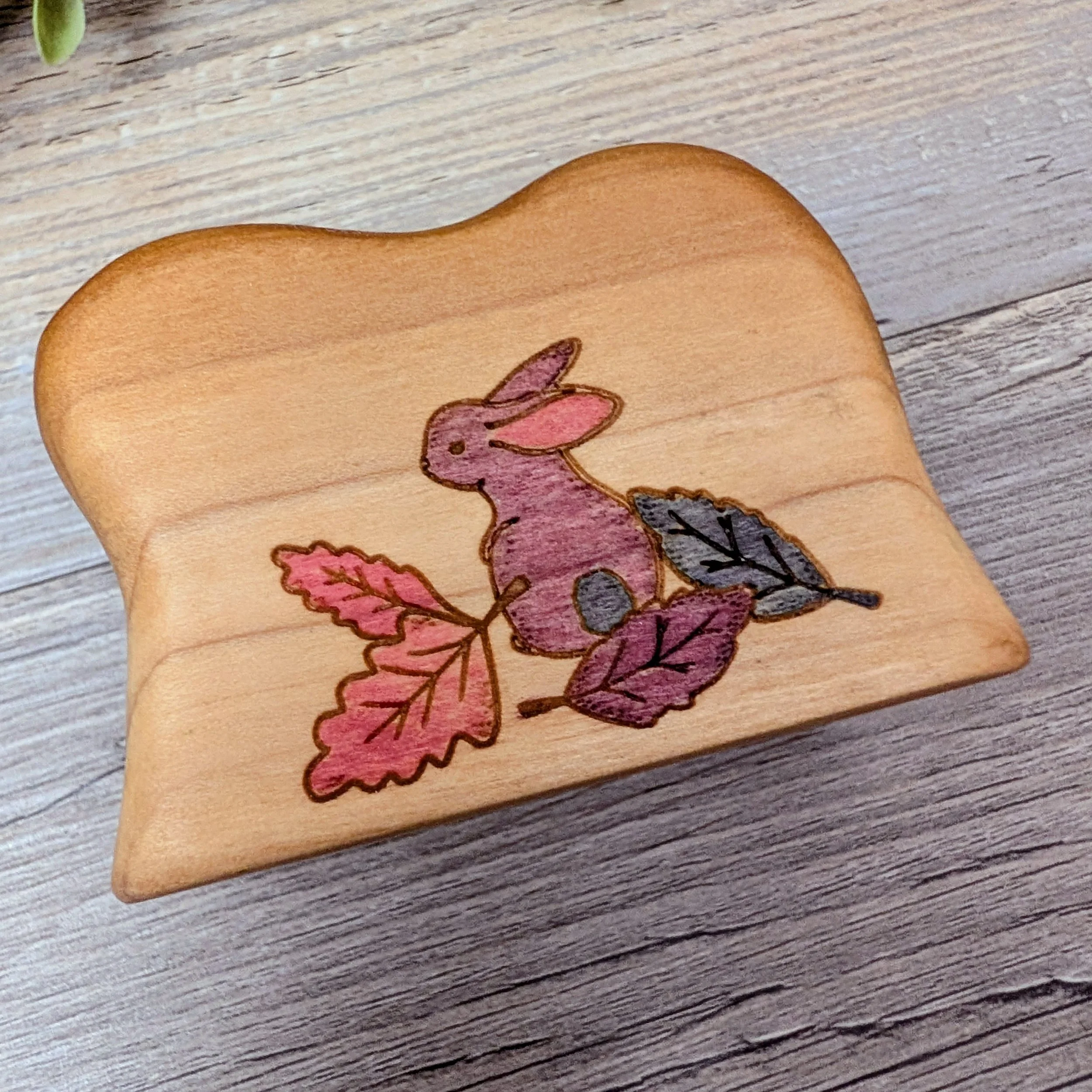 Wooden bunny cave interior featuring hand painted bunny with leaves