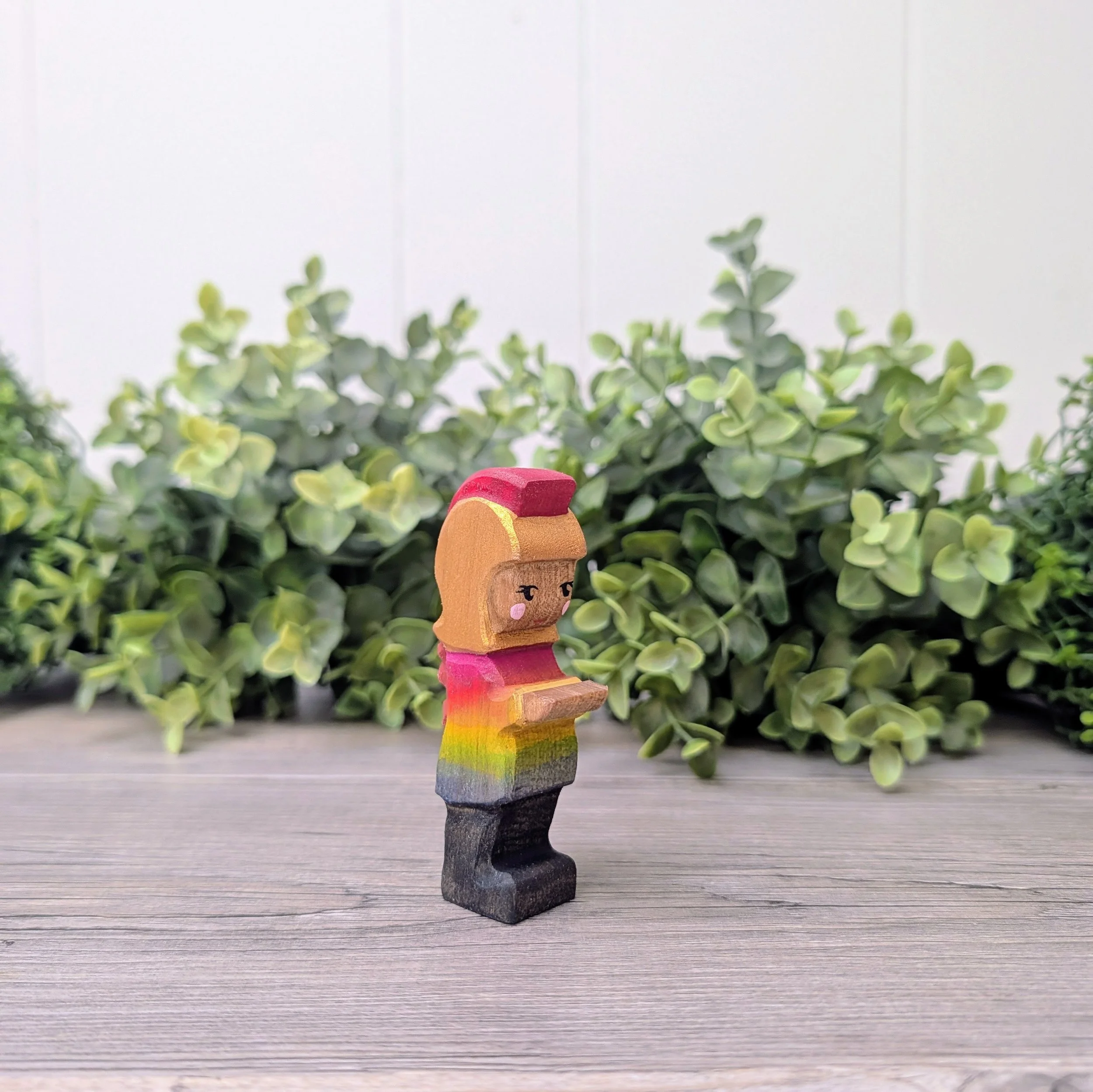 Wooden rainbow knight hand carved by Grace Whimsy Toys