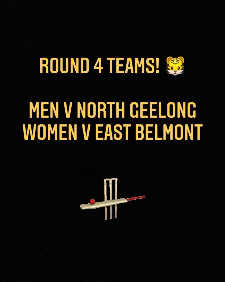 Round 4 Teams 🐯🐯
Men v North Geelong, 2nds/4ths @ Burdoo 
Women v East Belmont @ Burdoo Sunday 1pm