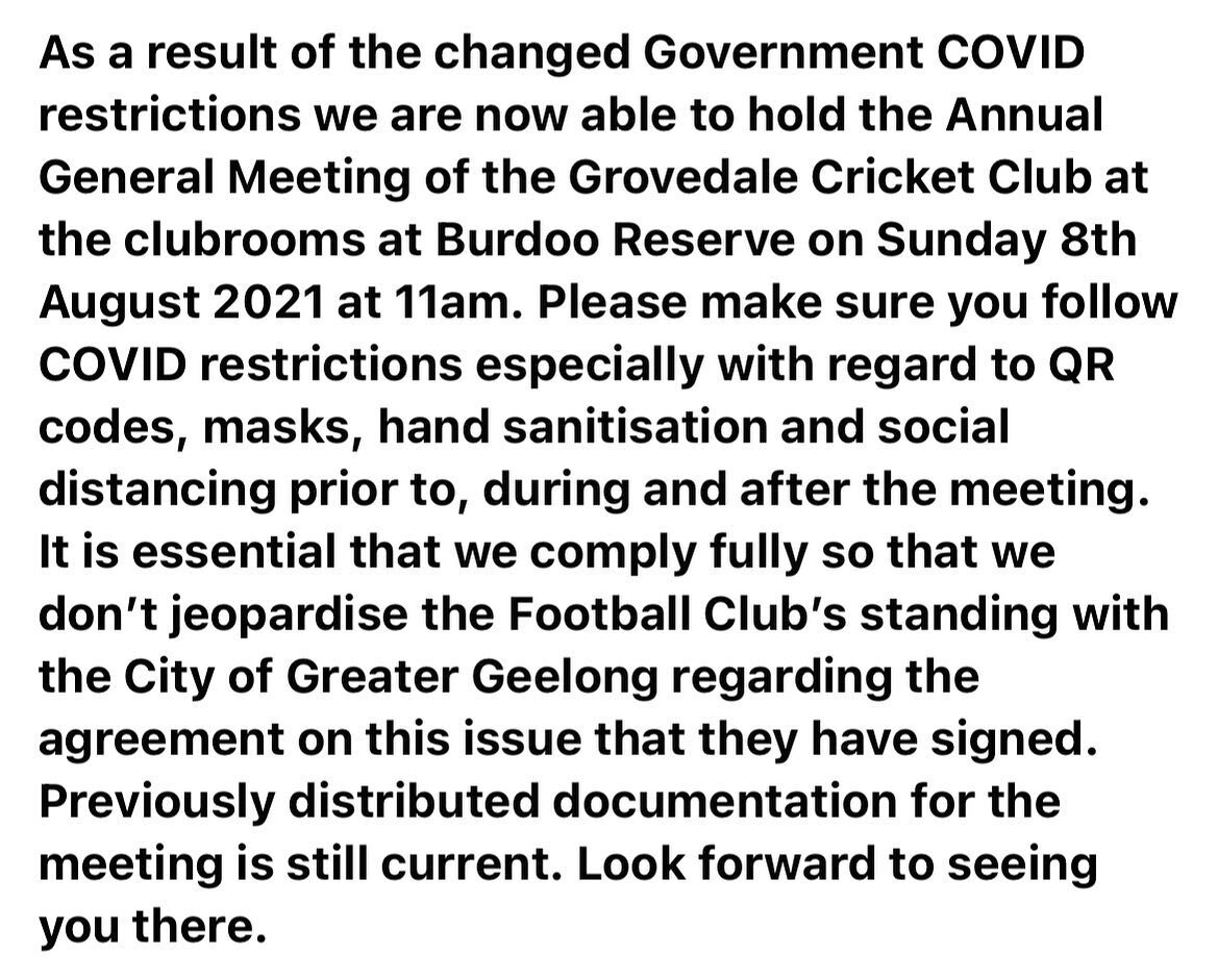 Grovedale Cricket Club AGM this Sunday 8th August @ Burdoo Drive