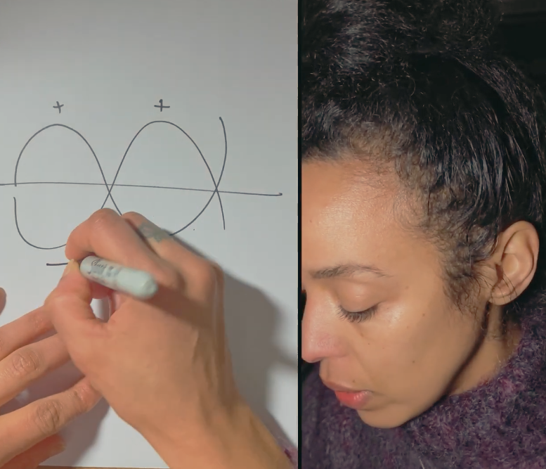 Kissey Asplund in purple sweater demostring and drawing a phase cacellation in waves.