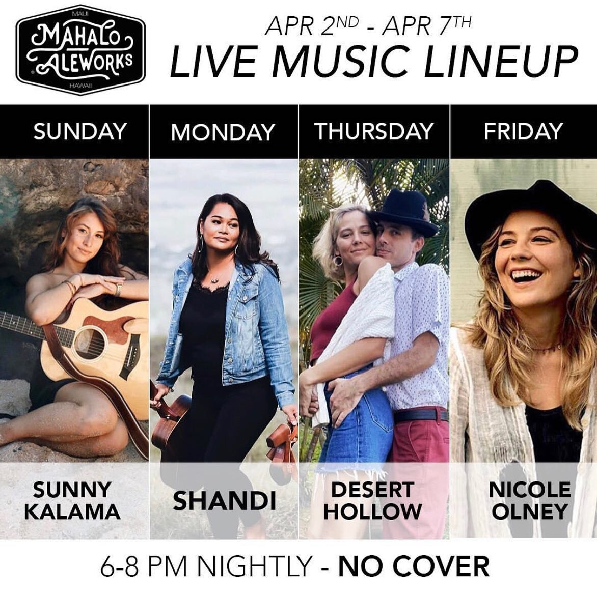 The music lineup this week @mahaloaleworks is AWESOME!!
No cover! From 6-8pm! 
Music, beer, sausages and smashburgers.... does it get any better? 
Don&rsquo;t forget that upstairs @mahaloaleworks is the best place on island to watch the sunset! #life