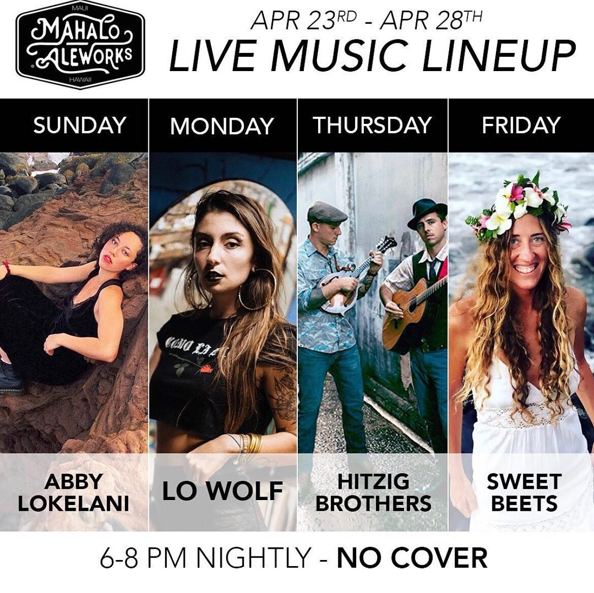 The music lineup this week @mahaloaleworks is awesome!! Come grab an ice cold beverage of choice along with a sausage, smashburger or tacos to enjoy with some great music (the sunsets are epic as well)! 
#music #upcountrymusic #sunstrs #beer #freshbe