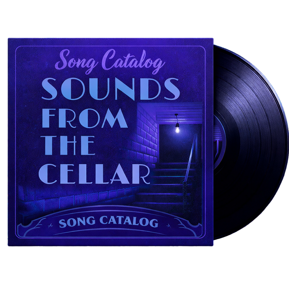 A vinyl record and album cover titled "Song Catalog: Sounds from the Cellar" with a purple and blue color scheme and an illustration of a stairway with a hanging light.