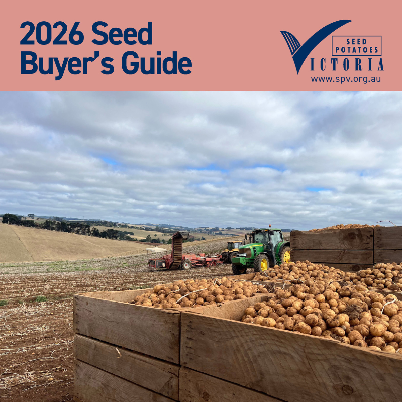 Cover of the 2026 Seed Buyer's Guide from Seed Potatoes Victoria featuring a farm scene with a tractor harvesting potatoes, large potato storage boxes, and expansive fields under a cloudy sky.