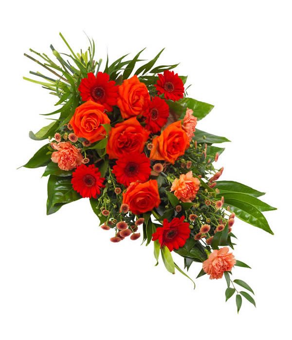 Image shows a vibrant tied arrangement of flowers for a funeral. A beautiful mix of orange roses, carnations and chrysanthemums with a few red germini to add depth and contrast to the arrangement.