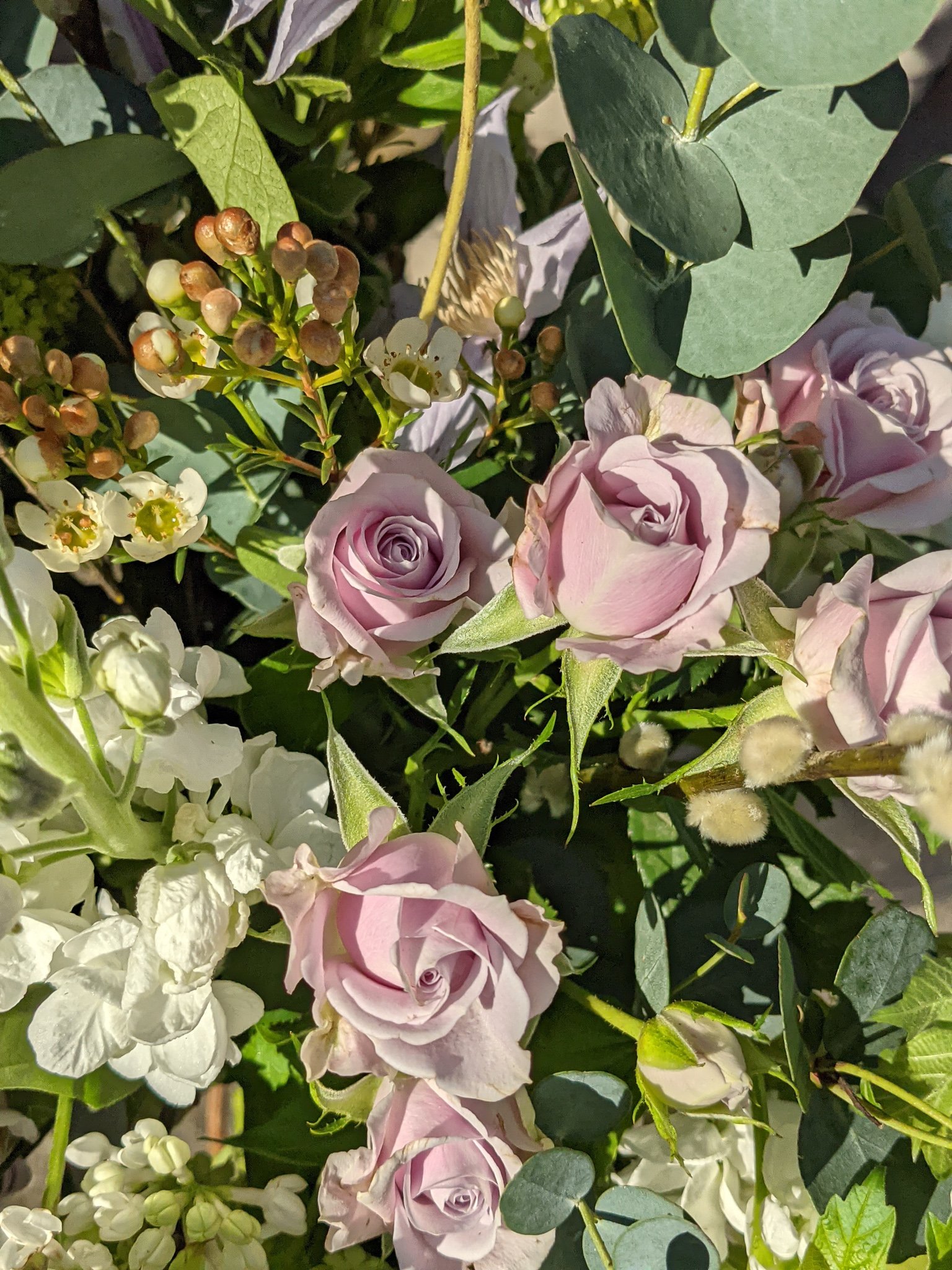 Lilac roses, scented stocks and eucalyptus