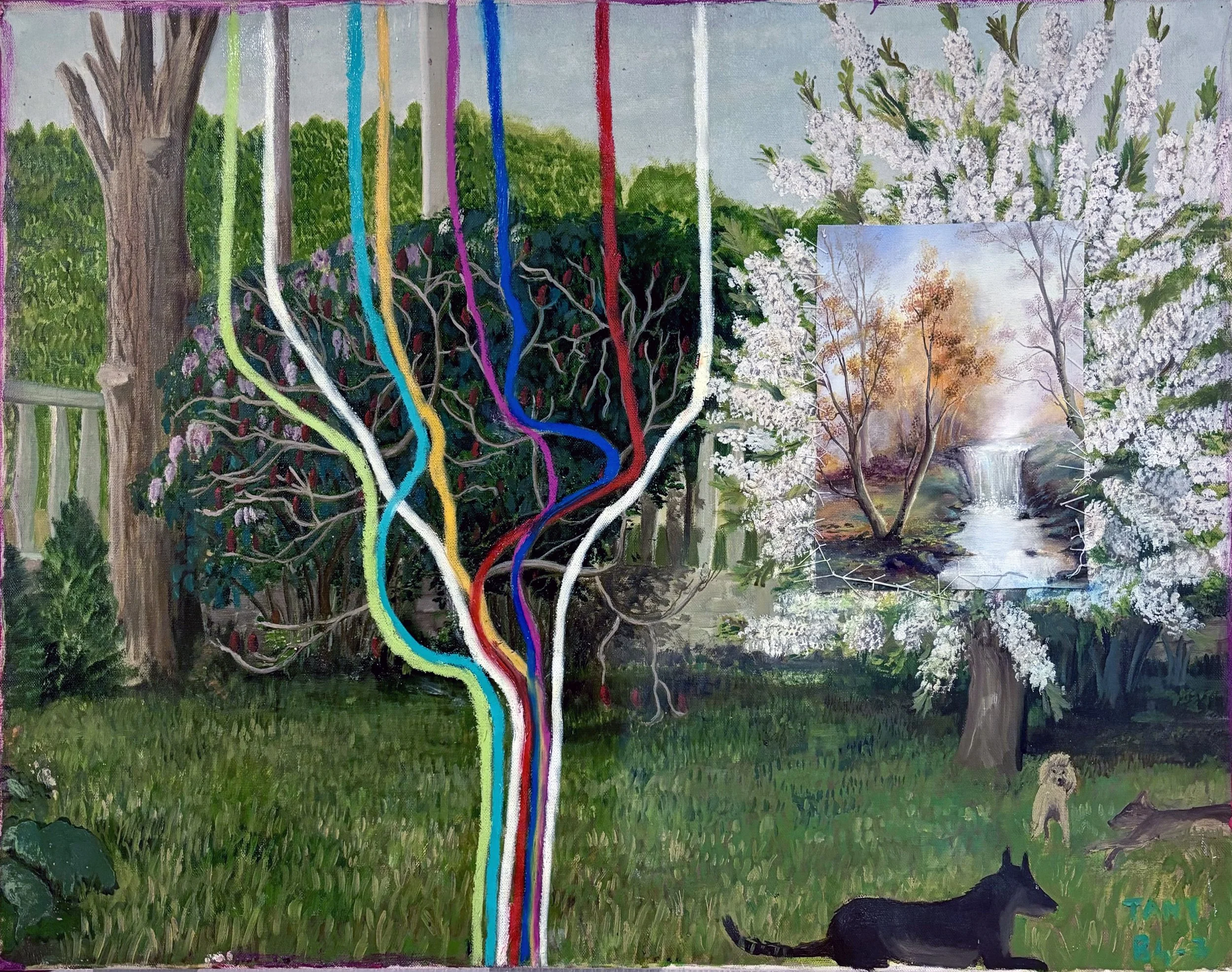 trois chiens dans un jardin 73X54 cm.jpg
