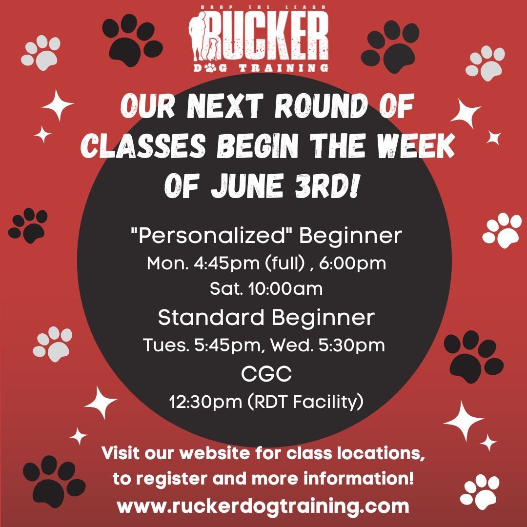 The next round of &quot;Personalized&quot; Beginner classes, Standard Beginner classes and Canine Good Citizen begin the week of June 3rd and are now available for sign up! Limited spaces are available so don't wait! Visit our website for class locat