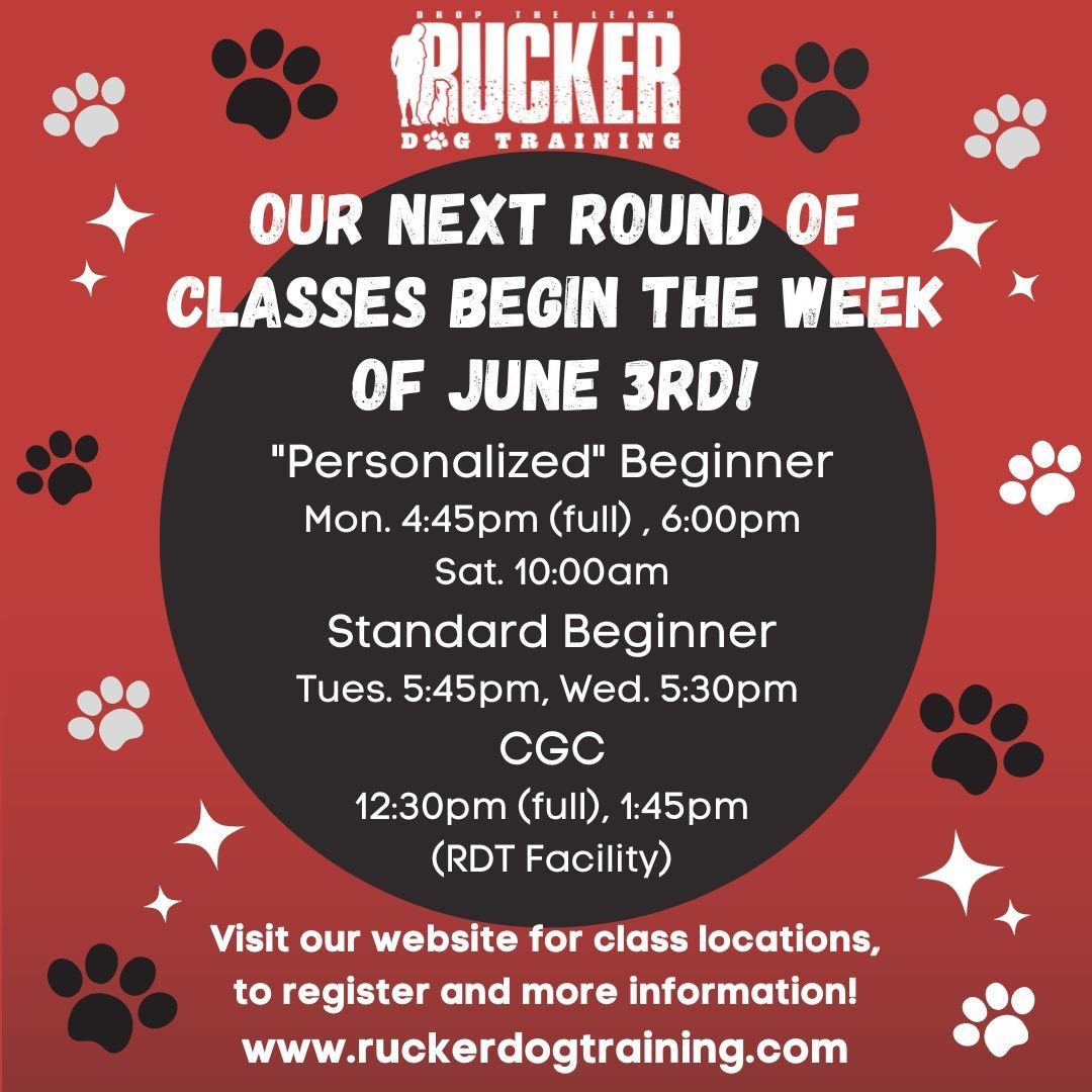 New time just added! Our 5 week Canine Good Citizen class is now available for registration! Class begins June 8th at 1:45pm and will be at our RDT facility in North Forsyth. This class had limited space available so don't wait.

There are just a few