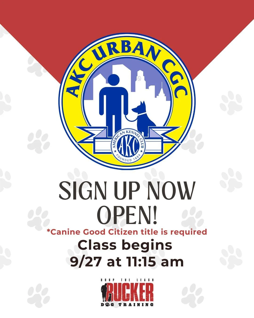 🐾✨ New Class Alert! ✨🐾

We&rsquo;re excited to announce our AKC Urban Canine Good Citizen (CGC) class is now open for sign-ups! 🎉

This course takes your pup&rsquo;s skills to the next level&mdash;teaching them how to be a well-mannered companion 