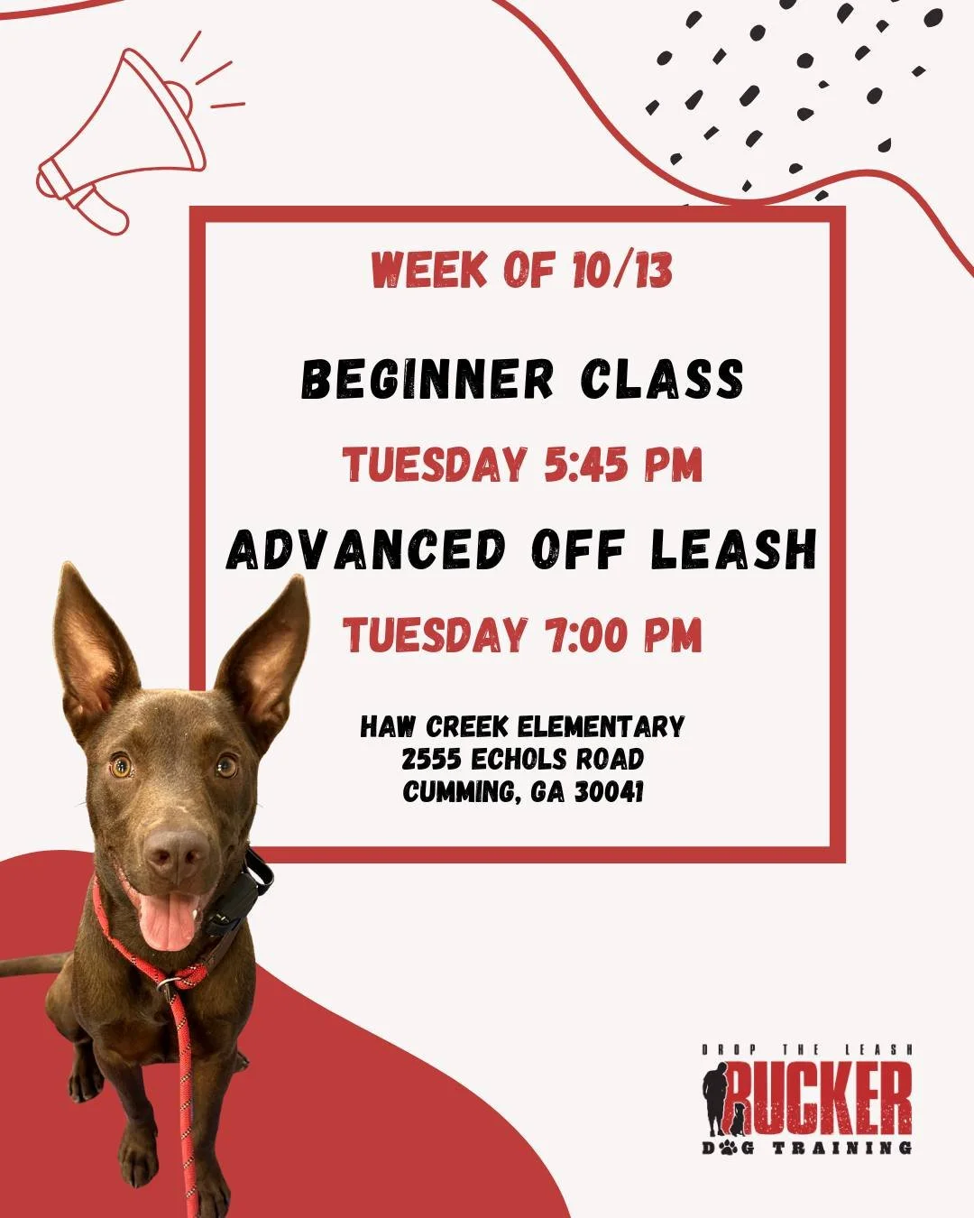 Beginner &amp; Advanced Off Leash &mdash; Tuesday

It&rsquo;s Week 4 for our Tuesday night classes!

🐶 Beginner &mdash; 5:45 PM
🐕🦺 Advanced Off Leash &mdash; 7:00 PM
📍 Haw Creek Elementary &mdash; 2555 Echols Road, Cumming, GA 30041

Just one wee