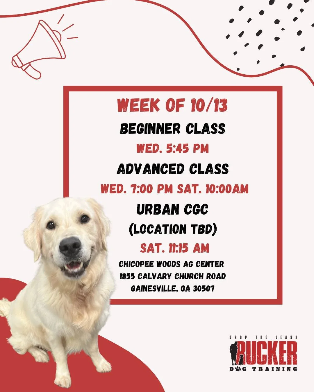 Beginner, Advanced &amp; Urban CGC &mdash; Wednesday &amp; Saturday

It&rsquo;s Week 4 in Gainesville!

🐾 Beginner &mdash; Wed. 5:45 PM
🐾 Advanced &mdash; Wed. 7:00 PM &amp; Sat. 10:00 AM
🐾 Urban CGC &mdash; Sat. 11:15 AM (Location TBD)
📍 Chicope