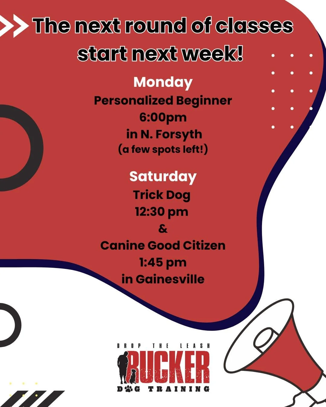 📣 The next round of classes kicks off next week! 🐾

We still have a few spots open &mdash; don&rsquo;t miss your chance to join the fun and build a stronger bond with your pup!

💥 Monday: Personalized Beginner &mdash; 6:00 PM in North Forsyth (jus