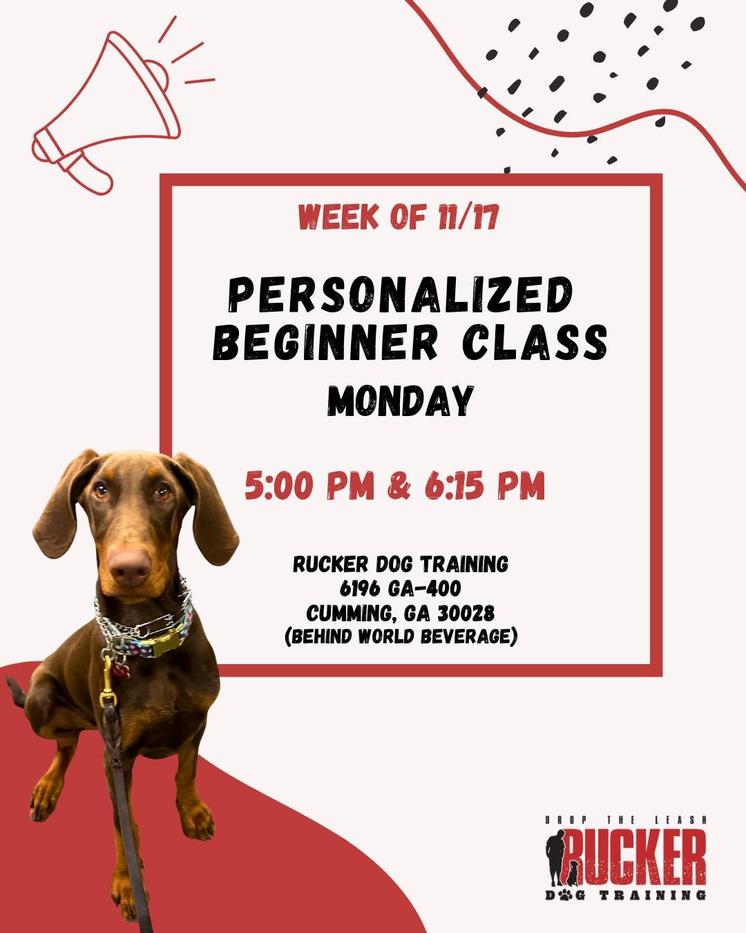 🐾 Monday &ndash; Personalized Beginner

Week 2 is here, and that means it&rsquo;s Place week! Our Personalized Beginner teams will be building confidence, impulse control, and a rock-solid stay using one of our most important foundation commands.

?