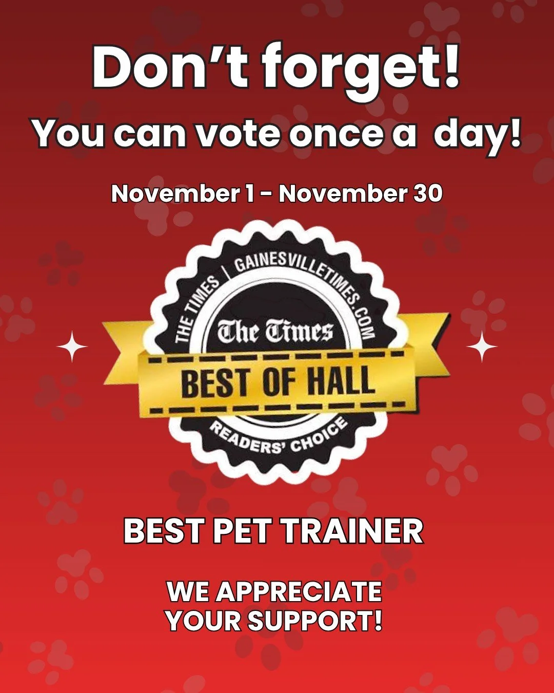 🐾 Just a quick reminder &mdash; you can vote once a day for Best of Hall &ndash; Best Pet Trainer now through November 30!

We truly appreciate your support and the trust you place in us every day. Thank you for being part of the RDT family! 💙🐶

#