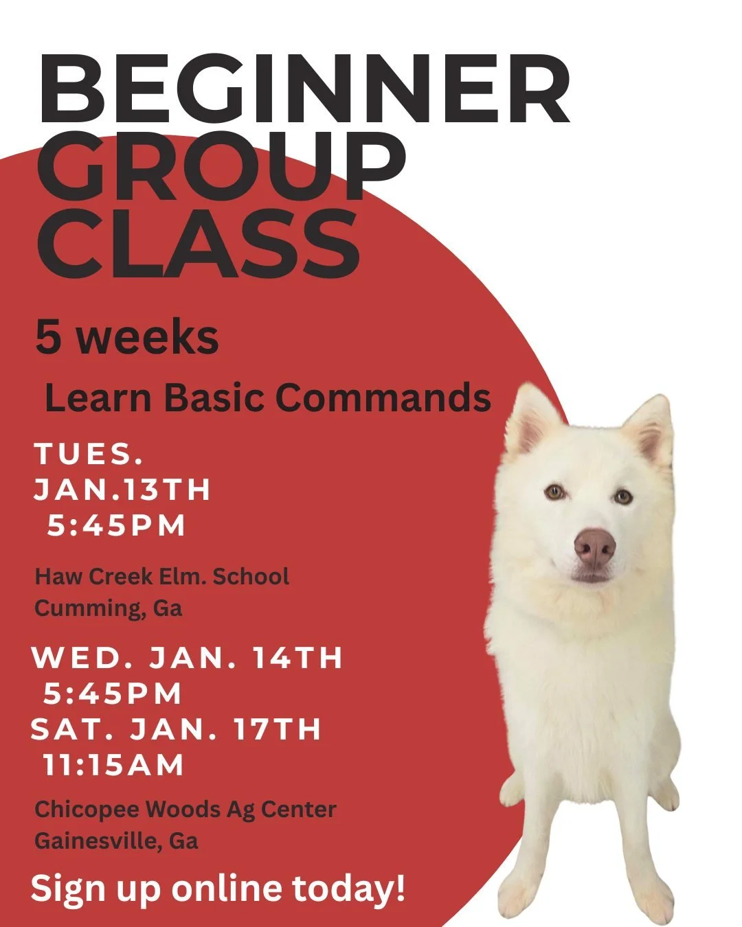 New Year, New Skills! 🎉🐾

Beginner Group Classes kick off January 13th&ndash;17th, and we&rsquo;re ready to help your pup learn, focus, and have FUN while mastering basic commands!

📍 Tuesday, Jan. 13th &ndash; 5:45 PM
Haw Creek Elementary &ndash;