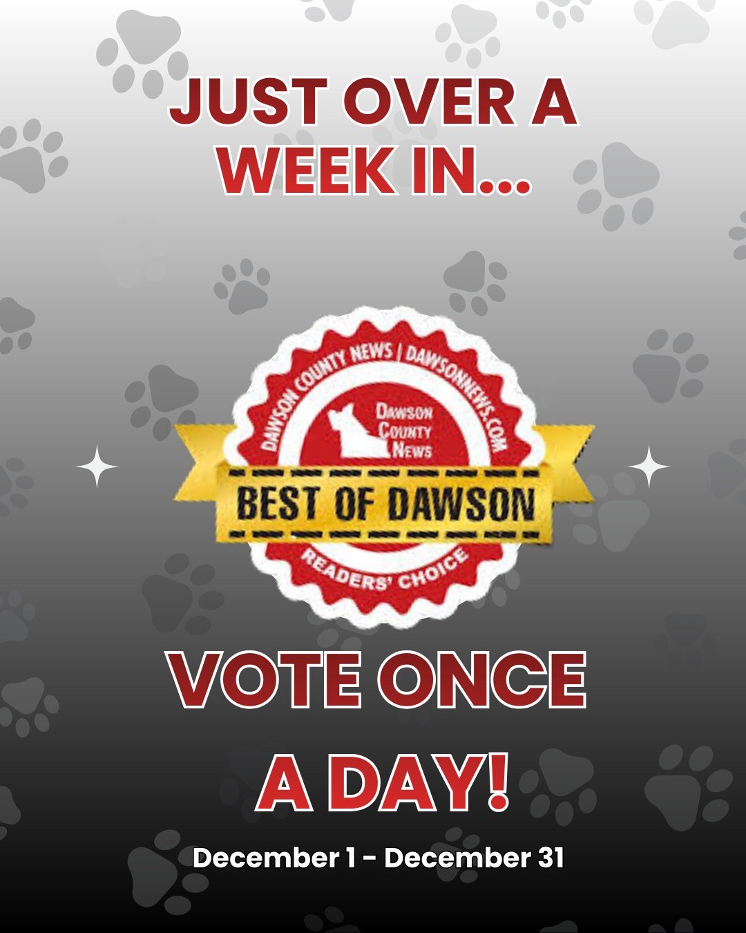 🐾 We&rsquo;re just over a week into Best of Dawson voting, and your support has been amazing! 💙
Don&rsquo;t forget &mdash; you can vote once a day through December 31 for Rucker Dog Training as Best Pet Trainer. Every vote truly helps, and we&rsquo