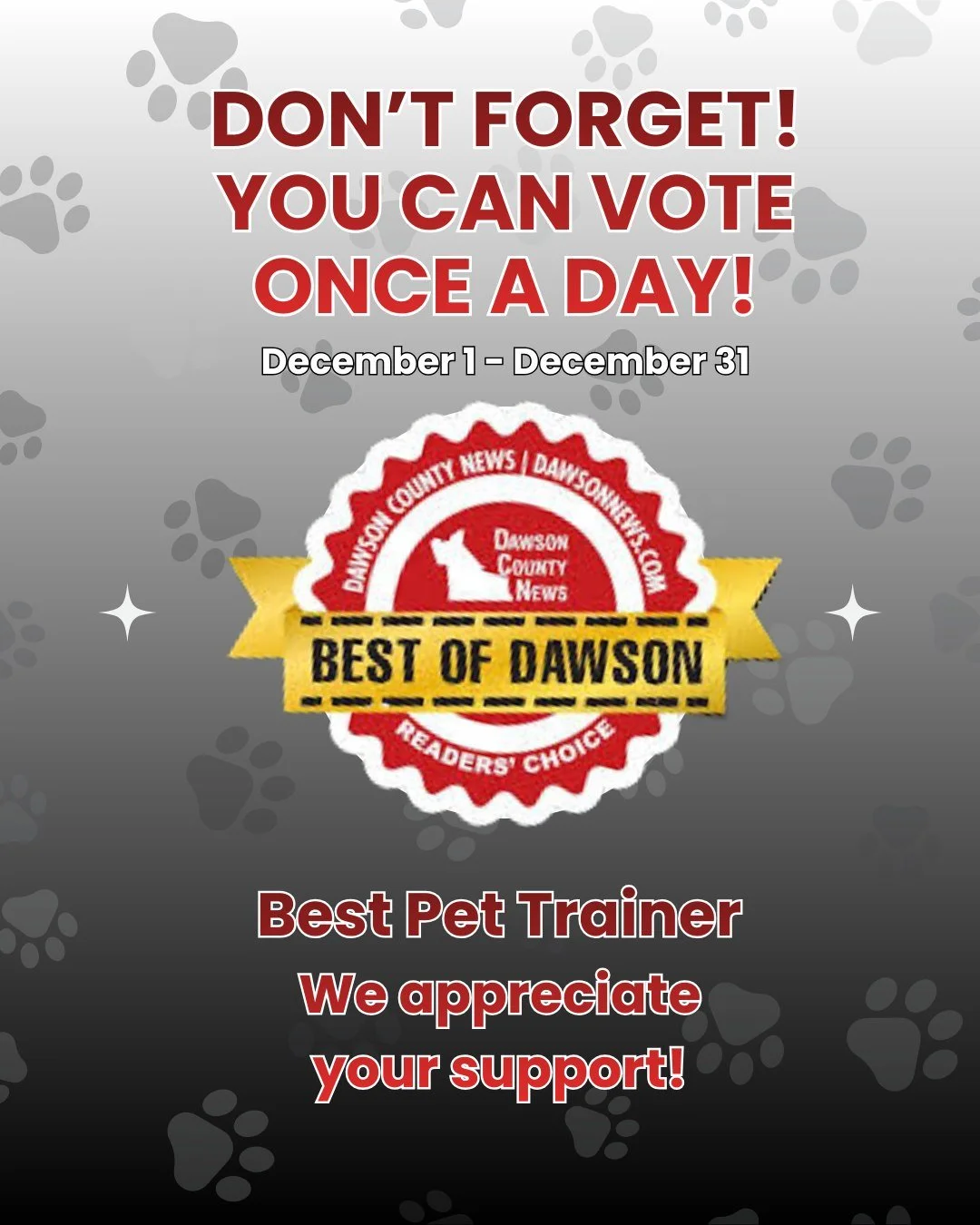 🐾 Just a quick reminder &mdash; you can vote once a day for Rucker Dog Training in Best of Dawson &ndash; Best Pet Trainer all month long! 🗳️❤️

Thank you so much for your continued support. Every vote helps and means more to us than you know. Let&