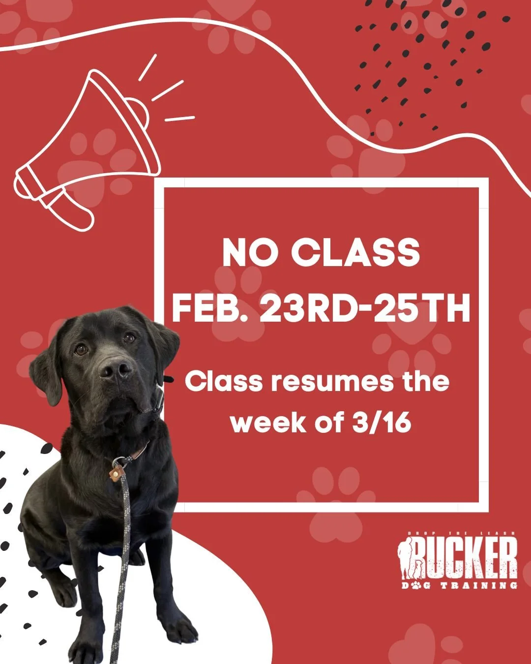 🚨 NO CLASS FEB. 23RD&ndash;25TH 🚨

There will be no classes Monday&ndash;Wednesday as we take a short break.
Classes will resume the week of 3/16, and we&rsquo;ll be ready to get right back to work! 💪🐾
Use the extra time to practice your commands