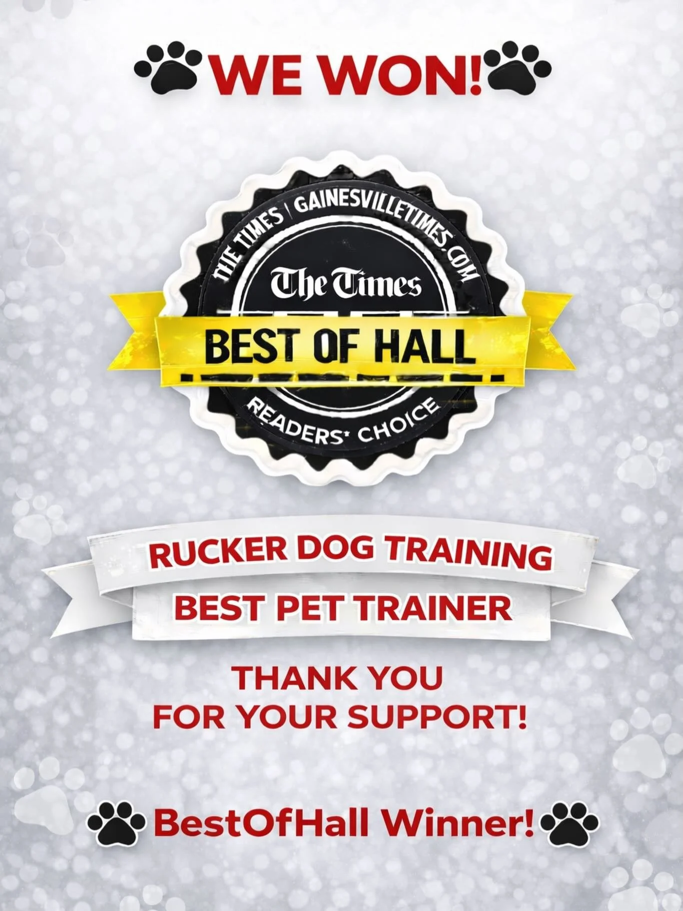 🏆 WE WON! 🏆

Rucker Dog Training has officially been named Best of Hall &ndash; Best Pet Trainer! 🐾

We are beyond grateful for every single vote, every share, and every word of encouragement. This award belongs to our incredible clients, their am