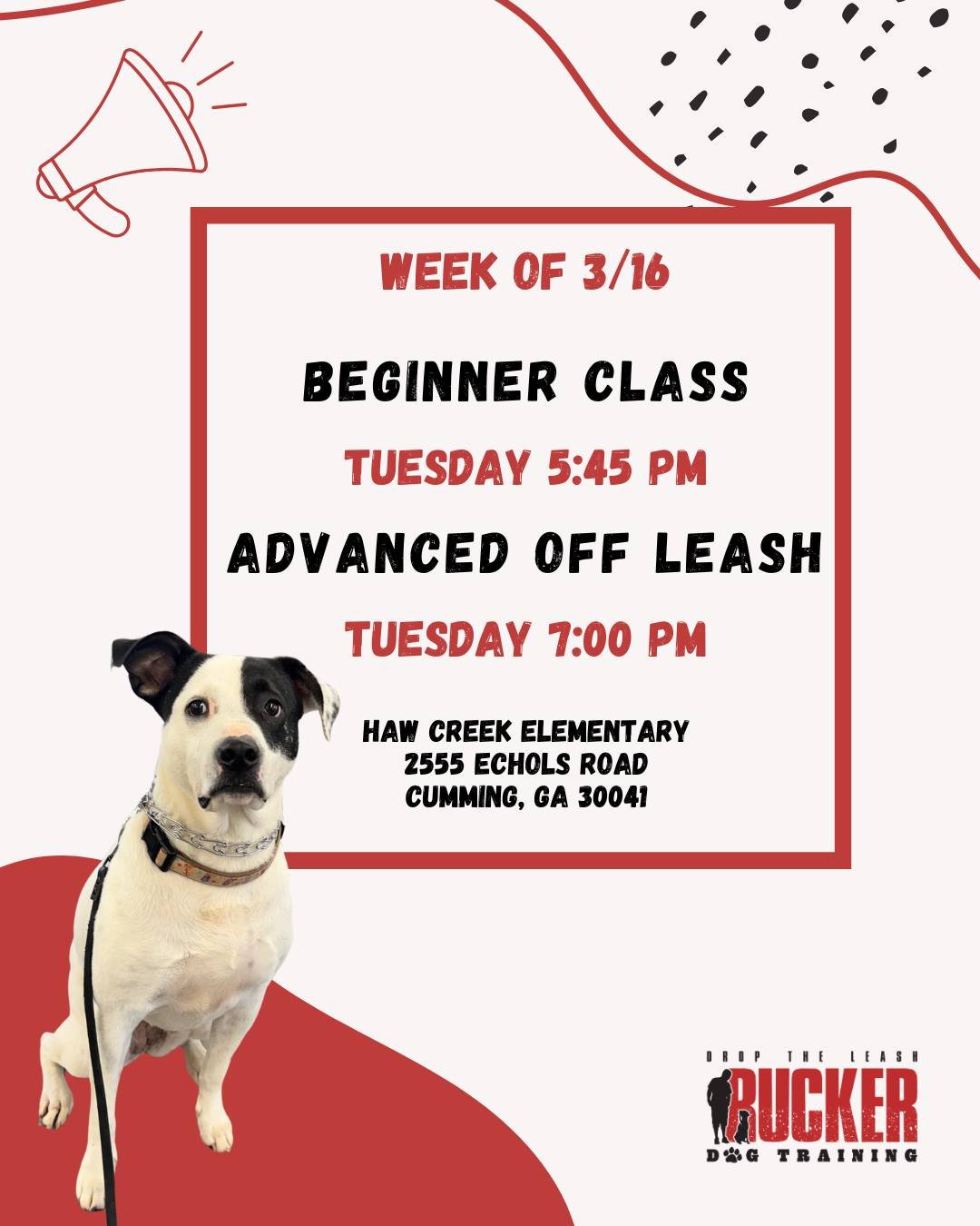 Cumming - Haw Creek Elementary 

Training is back the week of 3/16! 🐾

We&rsquo;re excited to welcome a new Beginner class while our Advanced Off Leash teams continue building their skills.

📍 Haw Creek Elementary
Beginner &ndash; Tuesday 5:45 PM
A