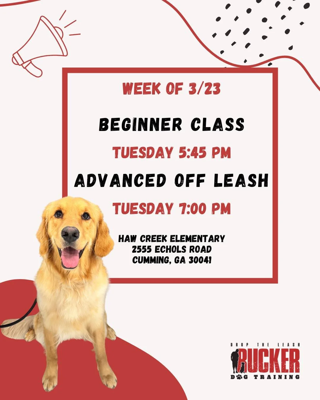 Week 2 and back to work! 🐾

Our Beginner teams are continuing to build on the basics while adding more commands, and our Advanced Off Leash pups are dialing in reliability and control.

📍 Haw Creek Elementary

Tuesday
Beginner &ndash; 5:45 PM
Advan
