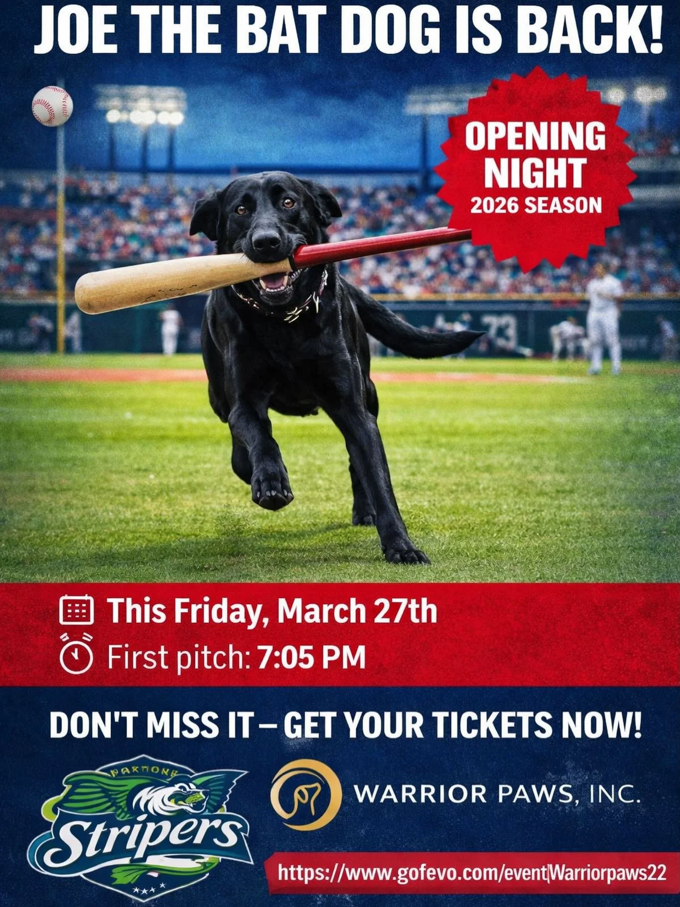 ⚾️🐾 JOE THE BAT DOG IS BACK 🐾⚾️

Opening Night just got a whole lot better&hellip;

Joe the Bat Dog is officially back at Coolray Field and ready to do what he does best &mdash; retrieve bats and steal the show 🐶🔥

📅 This Friday, March 27th
⏰ Fi