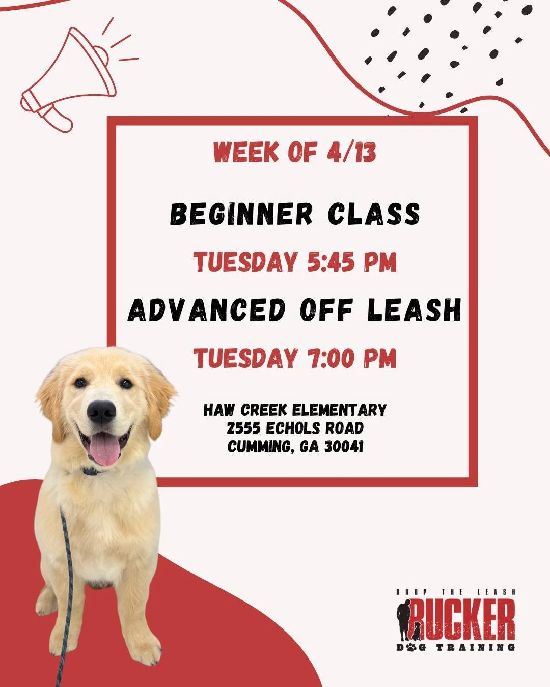 Haw Creek Elementary

Week 4 and making great progress! 🐾

Our Beginner class is now working on come (recall) while continuing to build on all previous commands&mdash;adding more distractions and improving consistency each week.

Advanced Off Leash 