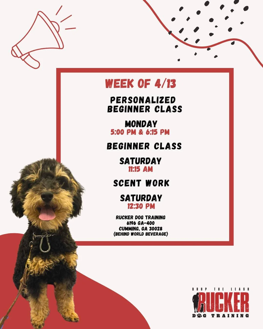 Rucker Dog Training (North Forsyth)

Week 4 🐾

Our Personalized Beginner and Beginner classes are now working on come (recall) while continuing to build on everything they&rsquo;ve learned&mdash;adding more commands, improving focus, and working thr