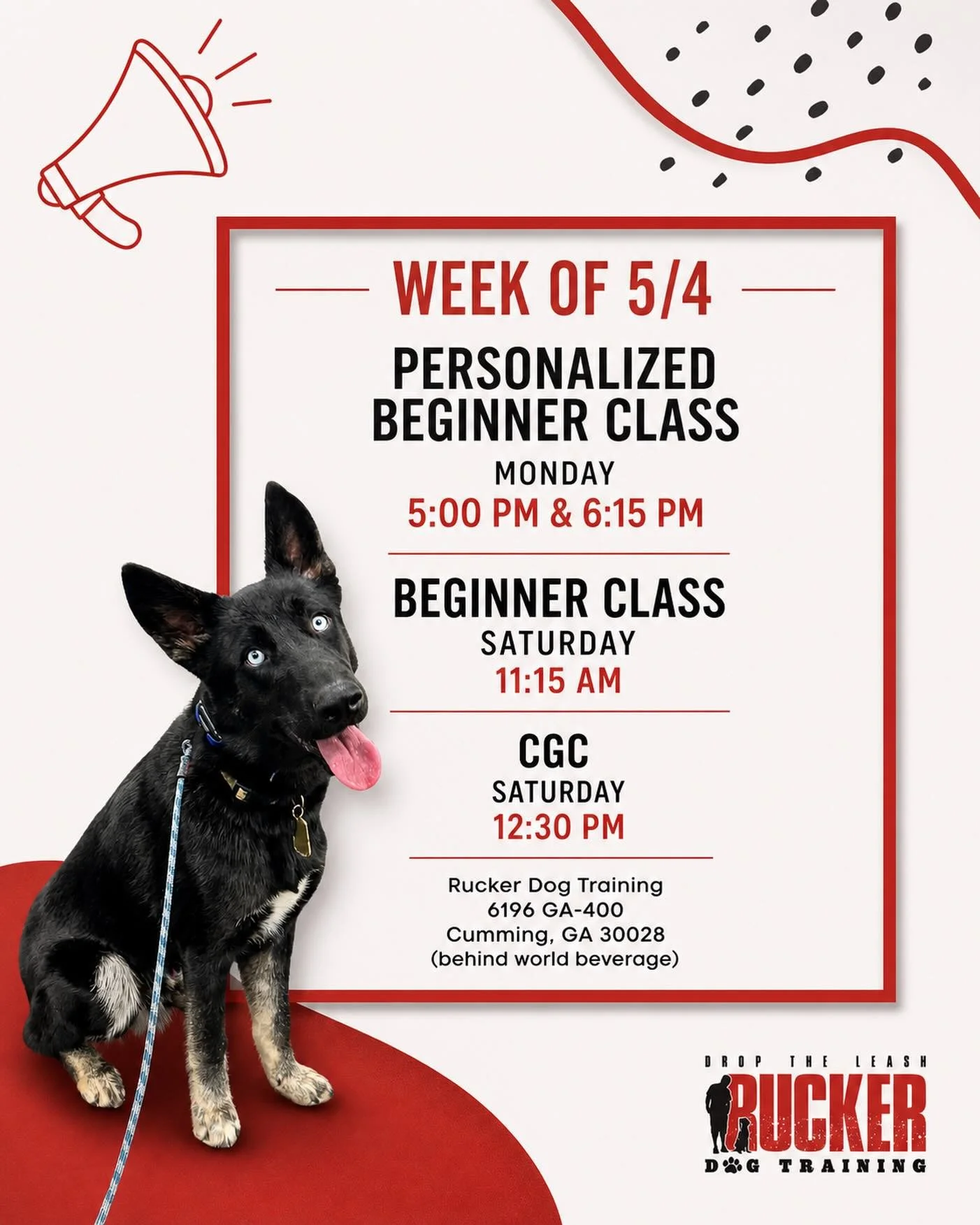 North Forsyth (Personalized Beginner + Beginner + CGC)

Welcome to our new Beginner class pups 🐾

Week 1 is all about learning to walk on a leash without pulling&mdash;building focus, structure, and setting the foundation for everything ahead.

Our 