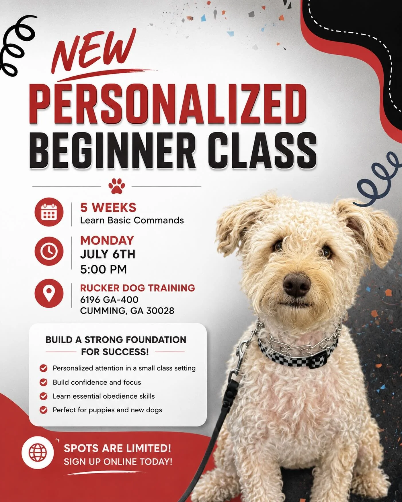 Looking for a more personalized start to training? 🐾

Our next Personalized Beginner Class begins:
🗓 Monday, July 6th
⏰ 5:00 PM
📍 Rucker Dog Training &ndash; Cumming

This 5-week course is designed to help your pup build a strong foundation while 