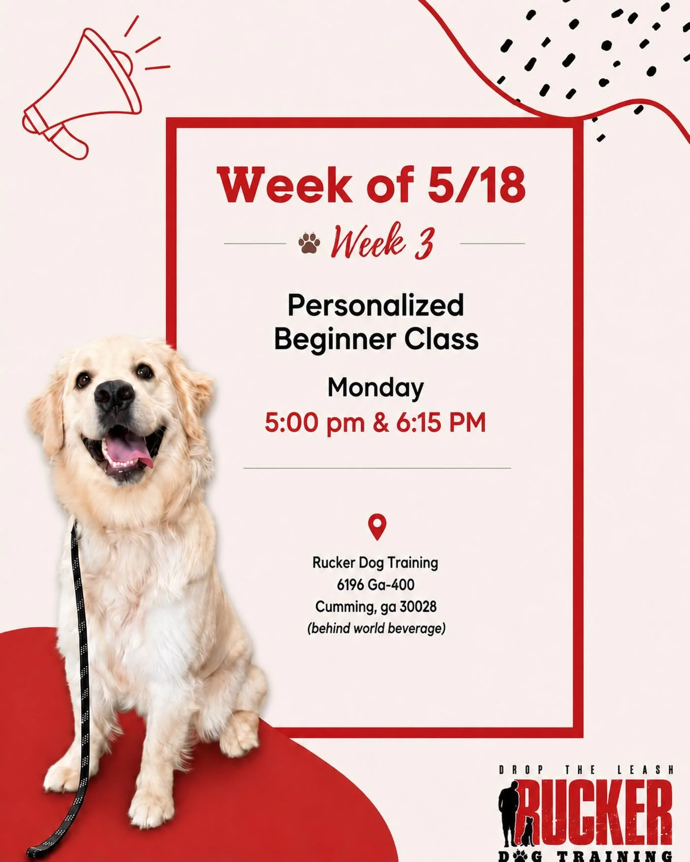 Week 3 is here for our Monday Personalized Beginner pups! 🐾

This week our Personalized Beginner classes are adding more commands with wait, take, and leave it while continuing to build on leash manners, focus, and confidence.

📍 Rucker Dog Trainin