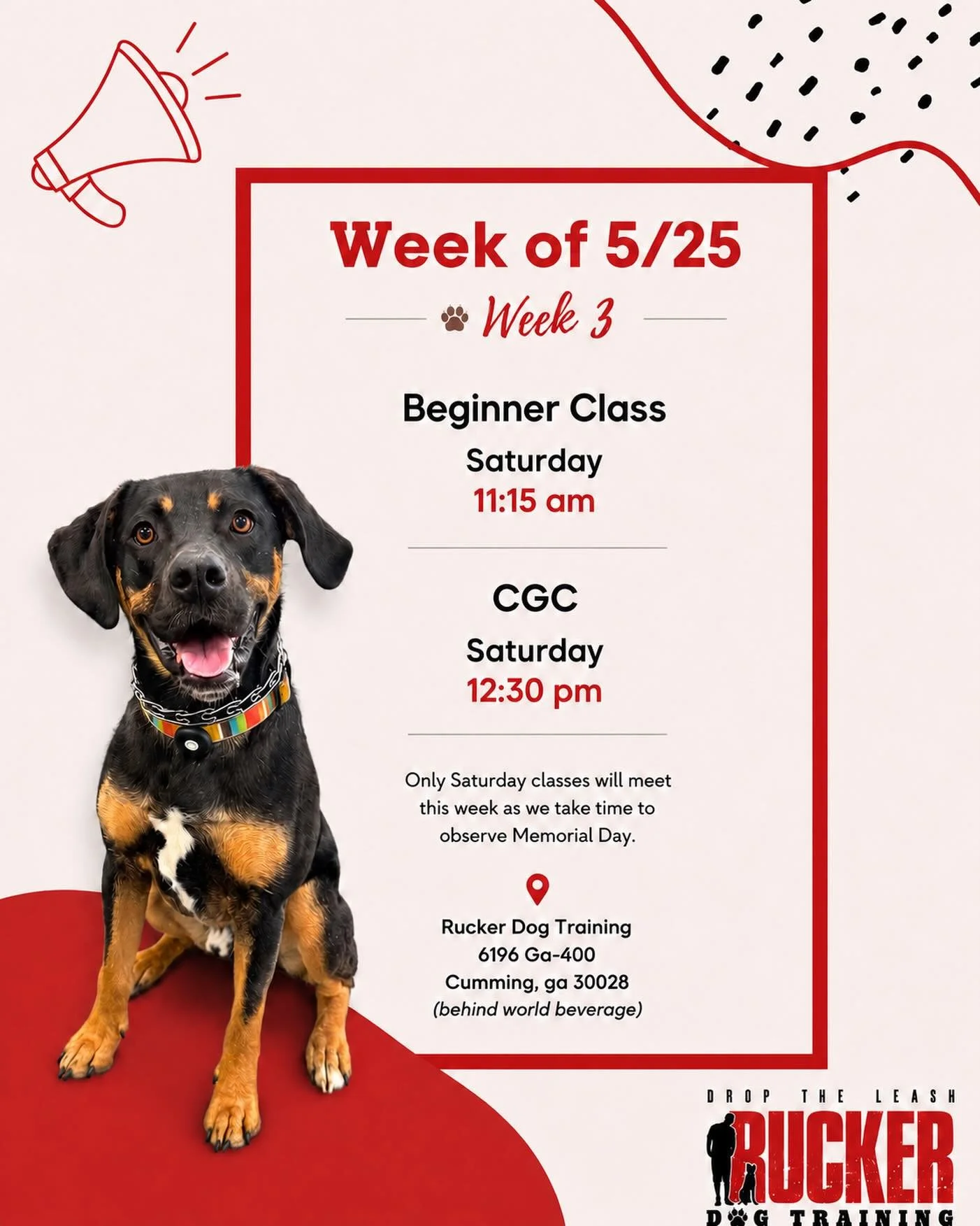Week 3 is here for our Saturday classes! 🐾

This week our Beginner pups will continue building on wait, take, and leave it, while our CGC teams keep working toward their Canine Good Citizen goals.

Only Saturday classes will meet this week as we pau