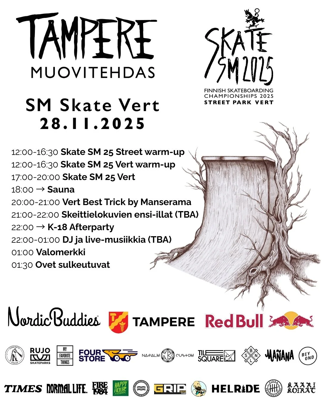 Tampereen SKATE SM 25 viikonlopun Street ja Vert p&auml;iv&auml;kohtaiset aikataulut ovat nyt n&auml;ht&auml;viss&auml; - sek&auml; suomeksi ett&auml; englanniksi.

❗️Huomaathan, ett&auml; Skate SM 25 Street l&auml;mmittelyiden aikaan (perjantai klo 