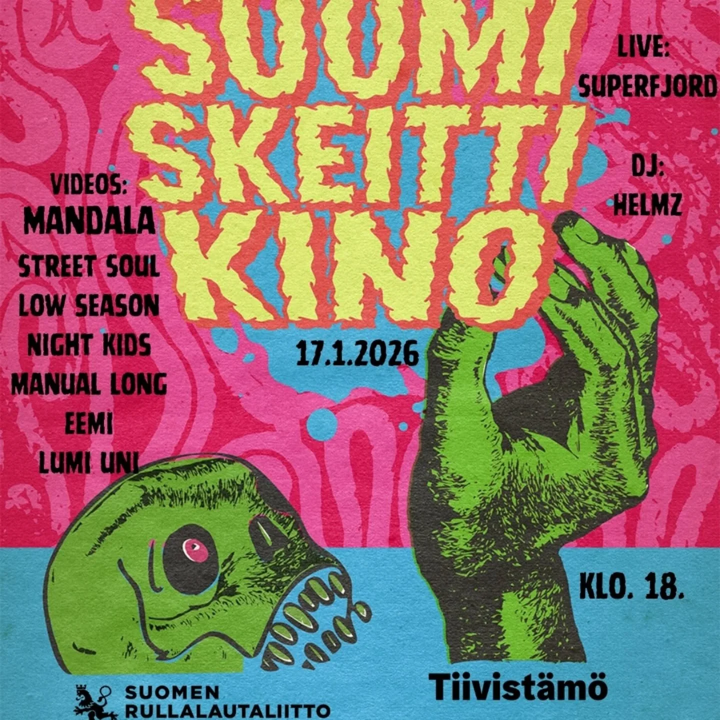 Suomiskeittikinon ohjelmisto on valittu! Ensi viikon lauantaina 17.1 n&auml;yt&auml;mme Tiivist&auml;m&ouml;ll&auml; seitsem&auml;n videota sek&auml; kuulemme jutustelua p&auml;tkien tekemist&auml;. Jatkoilla live- ja DJ-musaa.&nbsp;&nbsp;

18.30 Lum