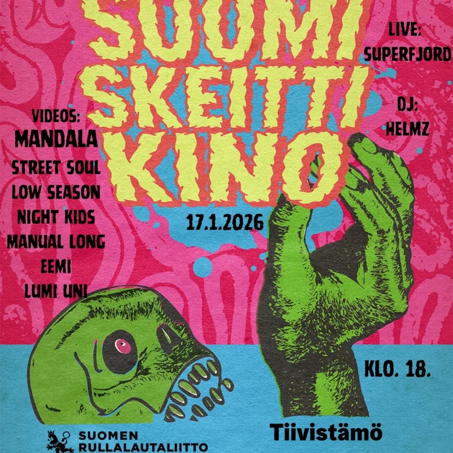 Suomiskeittikinon ohjelmisto on valittu! Ensi viikon lauantaina 17.1 n&auml;yt&auml;mme Tiivist&auml;m&ouml;ll&auml; seitsem&auml;n videota sek&auml; kuulemme jutustelua p&auml;tkien tekemist&auml;. Jatkoilla live- ja DJ-musaa.&nbsp;&nbsp;

18.30 Lum