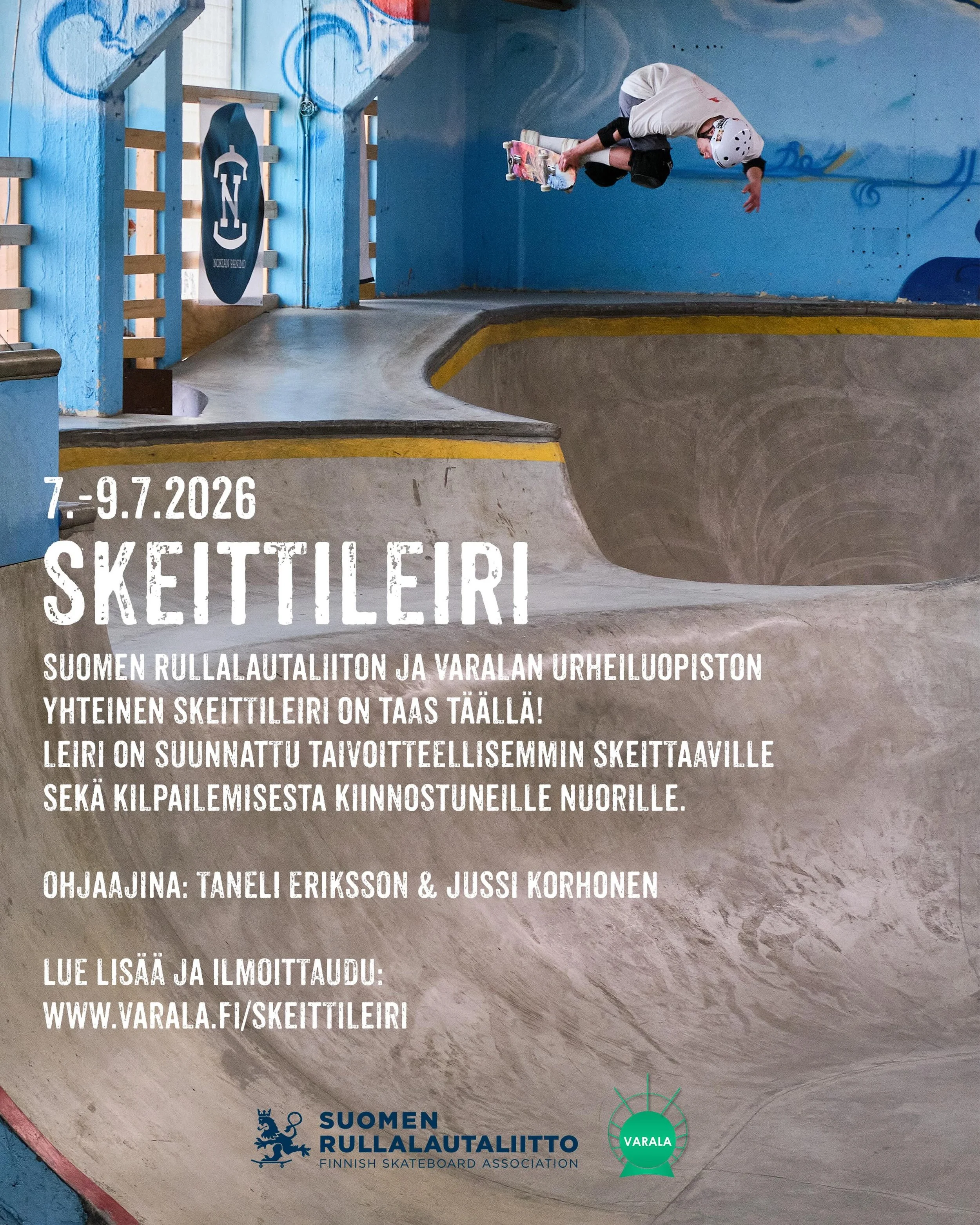 Suomen Rullalautaliiton ja Varalan urheiluopiston yhteinen skeittileiri Tampereella 7.-9.7.2026!

🛹 Skeittileiri on suunnattu tavoitteellisemmille sek&auml; kilpailemisesta kiinnostuneille nuorille. Taitotasorajoitteita ei ole ja jokaisen leiril&aum