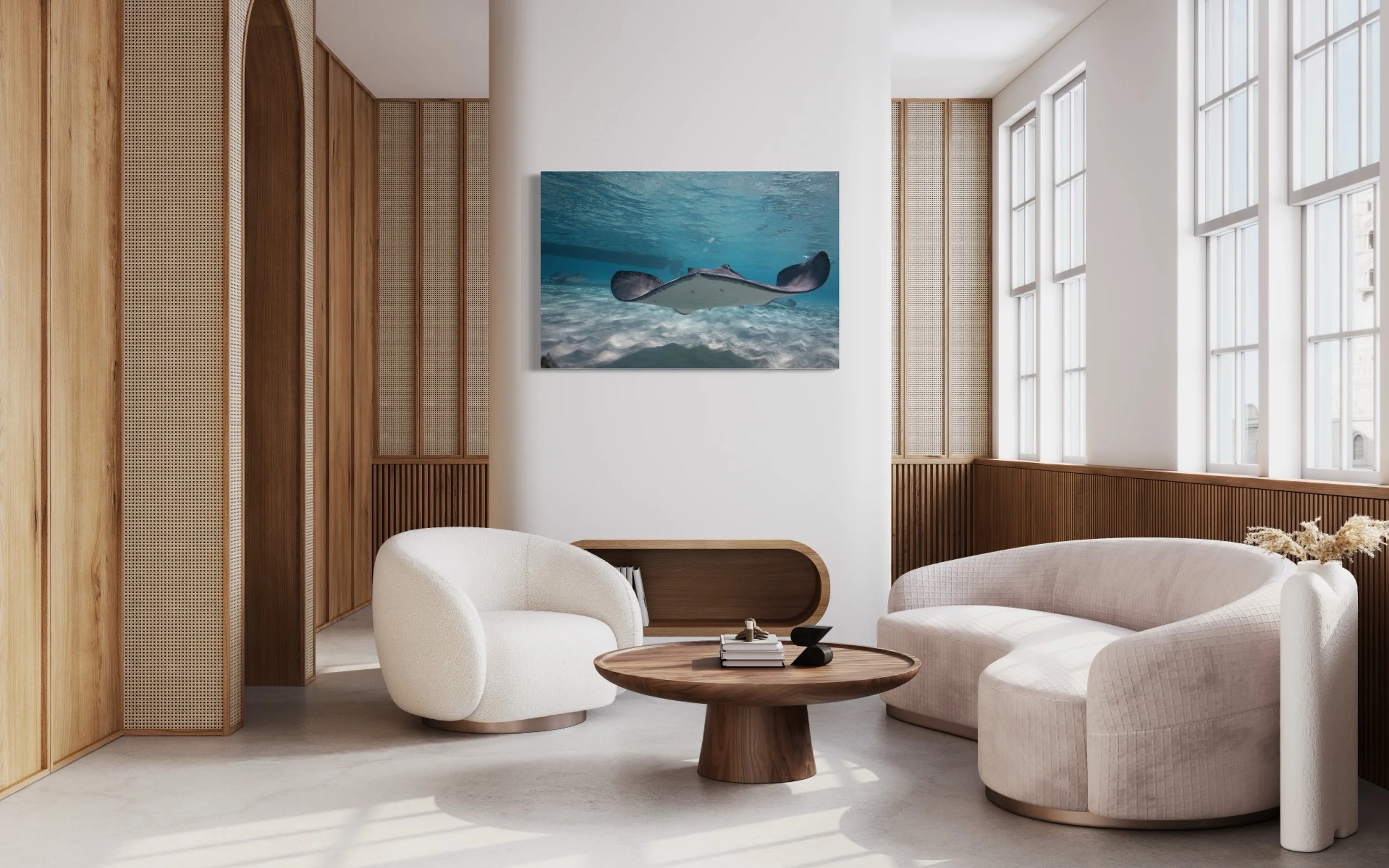 "Sting Ray City II" is a photo of a stingray at Sting Ray City, Grand Cayman, is available as an aluminum matte photography print.