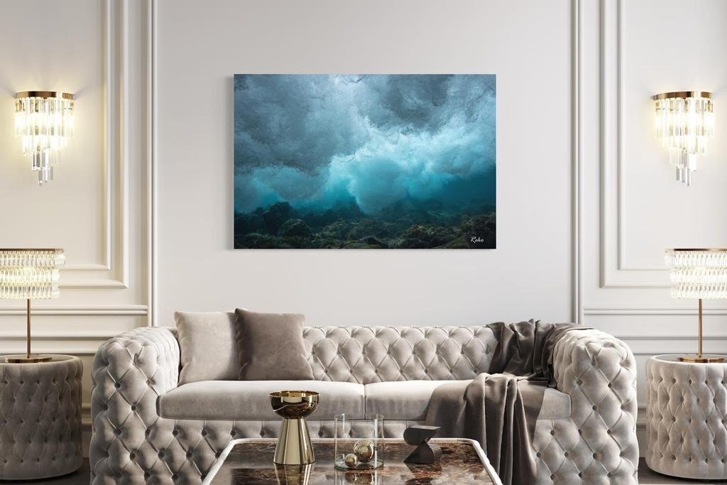 "From Under the Waves IV" is part of a photograph collection of underwater waves, available as a aluminum matte print.