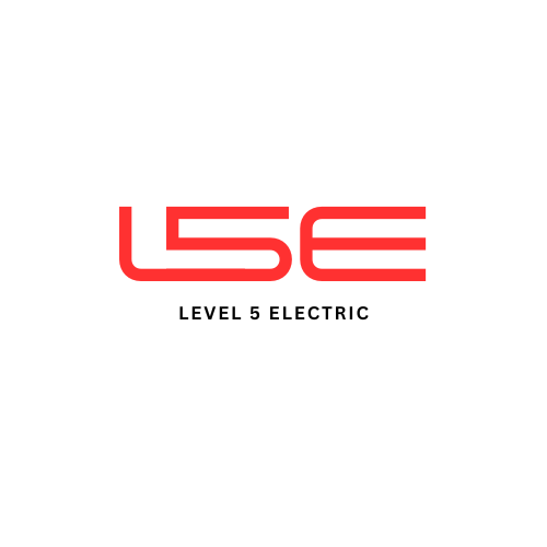 Logo with stylized red text 'L5E' and black text underneath reading 'Level 5 Electric'.