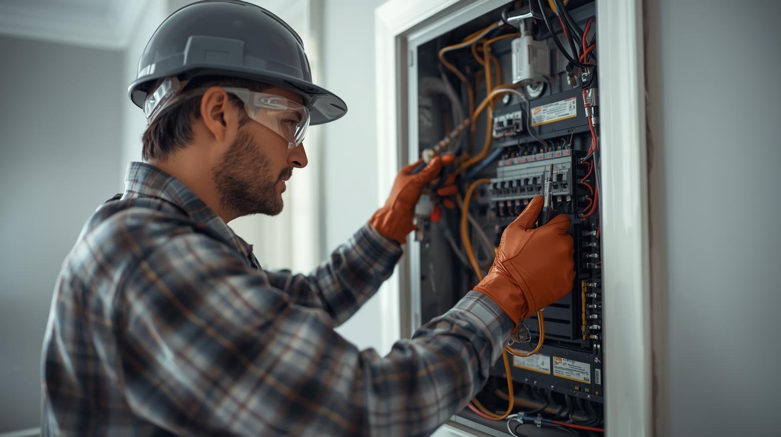 A male electrician working inside an electrical panel, wearing safety glasses, a hard hat, gloves, and a plaid shirt, inspecting wiring.