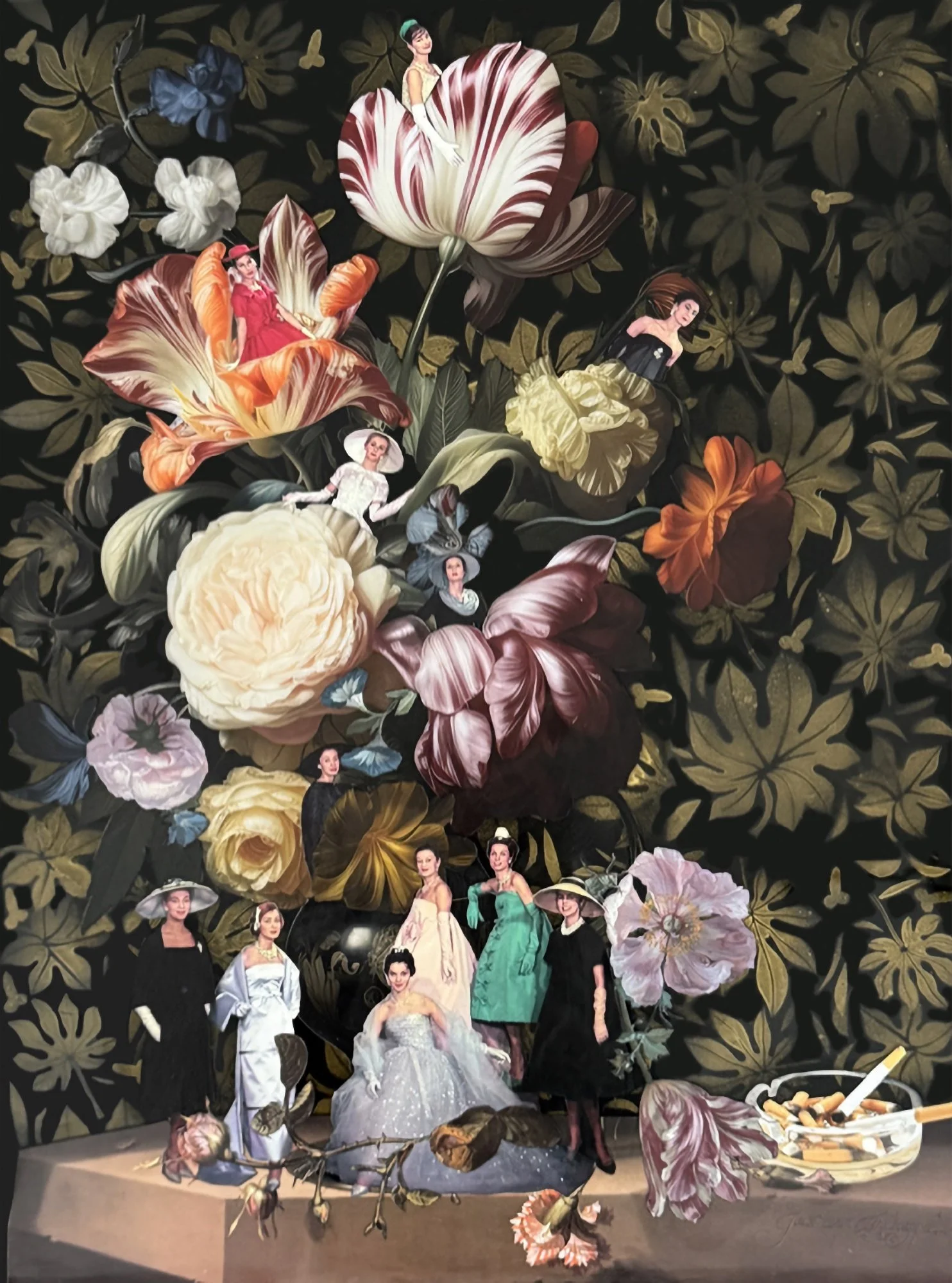 A floral collage featuring vintage style women in period costumes, surrounded by large flowers and leaves, with a dark decorative background and a bowl of snacks at the bottom.