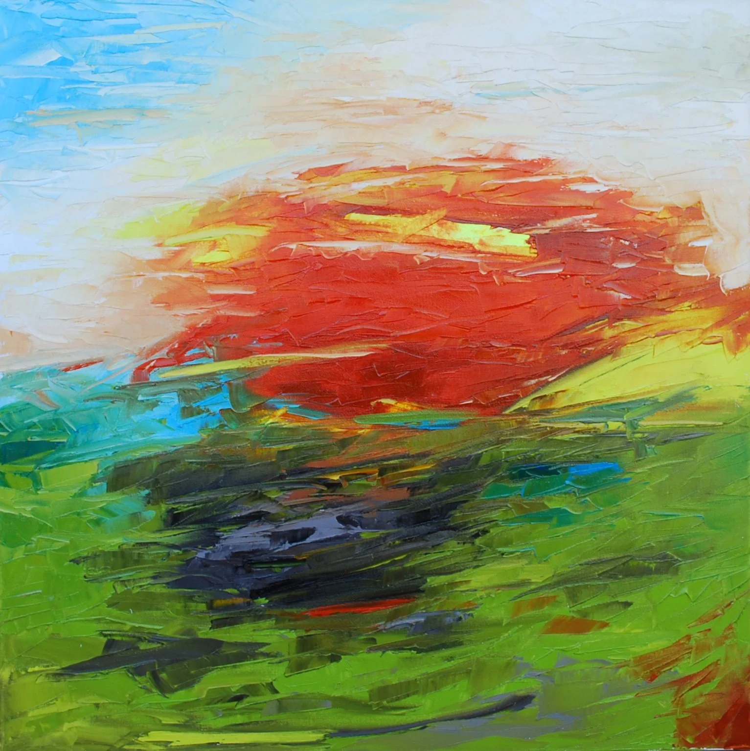Abstract painting with broad, textured brushstrokes in blue, white, yellow, orange, red, green, and black colors.