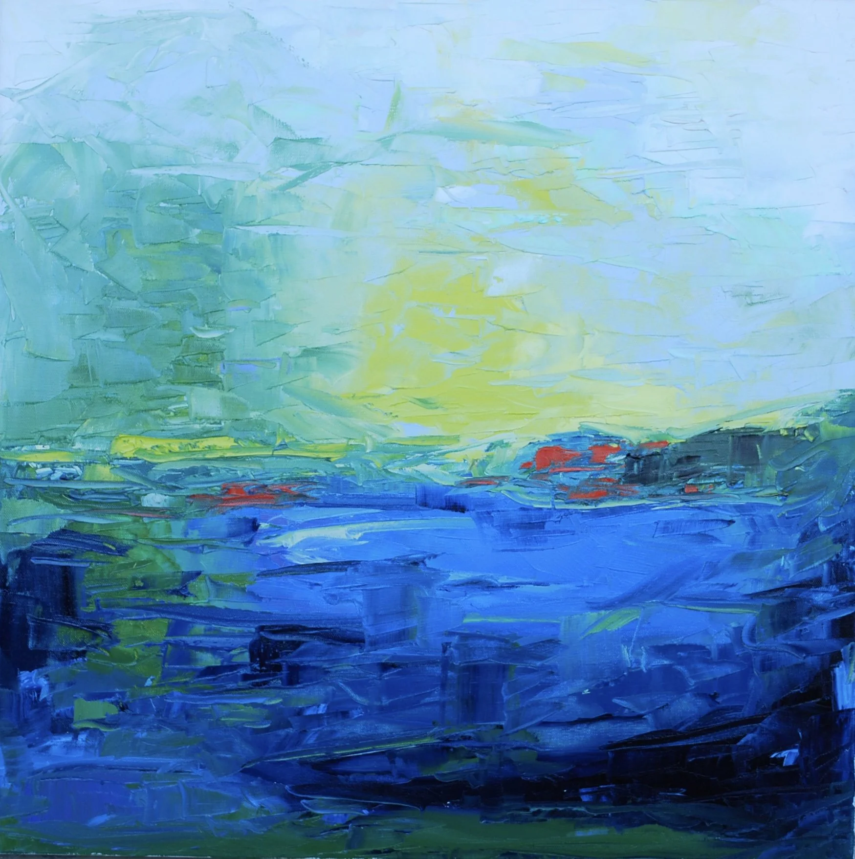 Abstract painting with horizontal brushstrokes in shades of blue, green, yellow, and hints of red.
