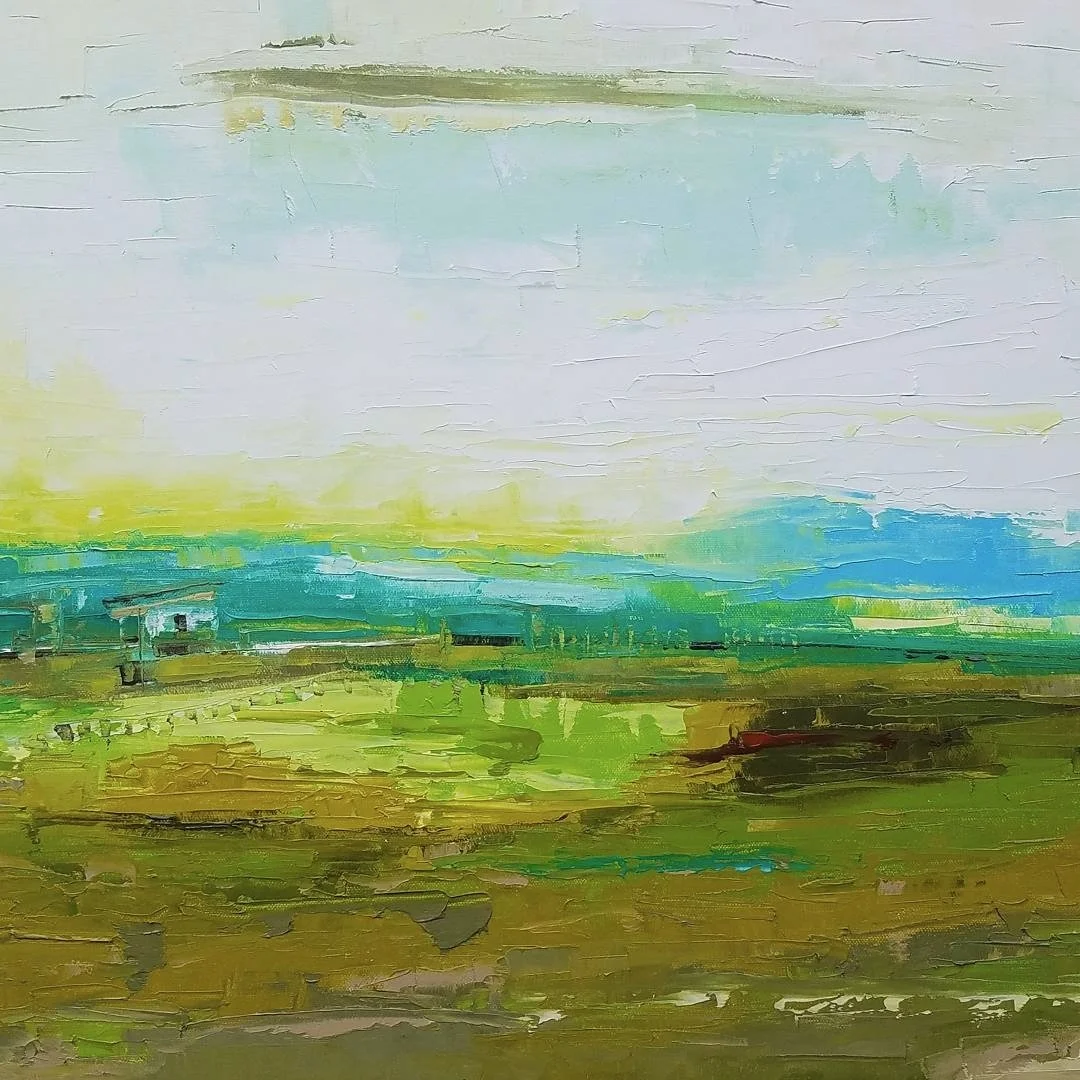 An abstract landscape painting with green fields, blue mountains, and a cloudy sky.