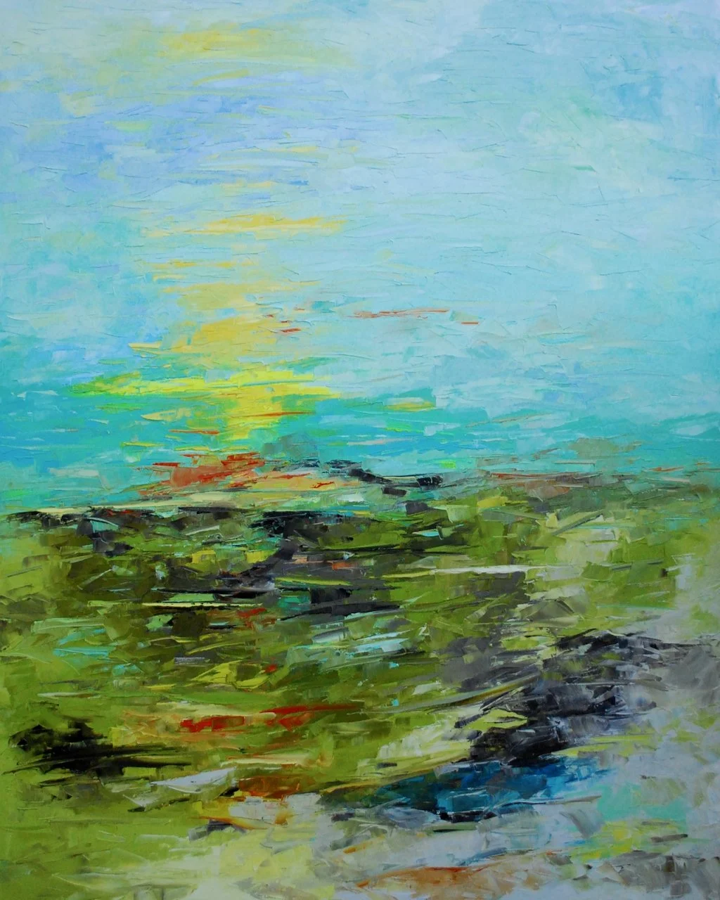 Abstract landscape painting with green, blue, yellow, and black brushstrokes simulating a natural scene.