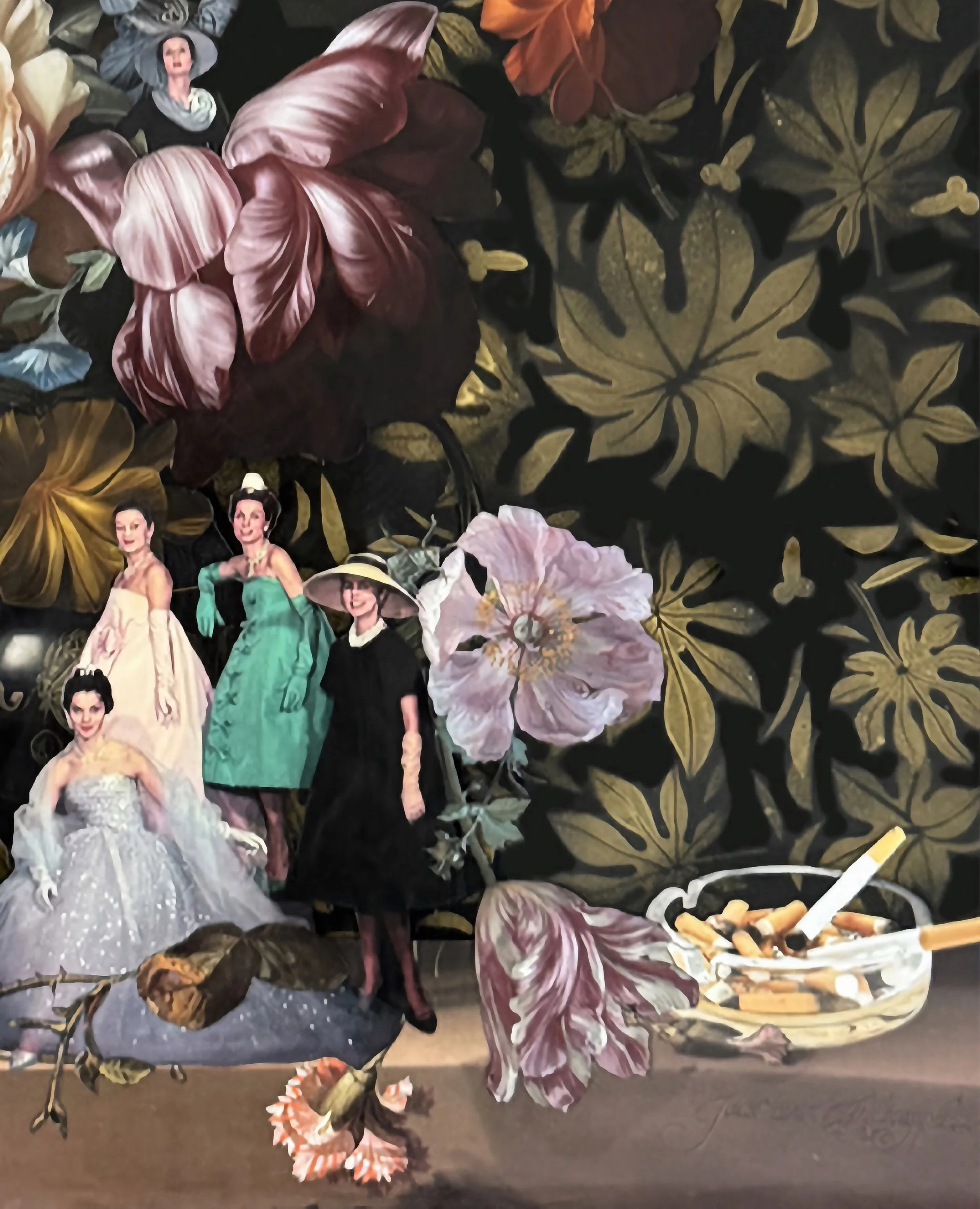 A collage featuring vintage photographs of women in elegant dresses and hats, surrounded by large, colorful floral patterns.