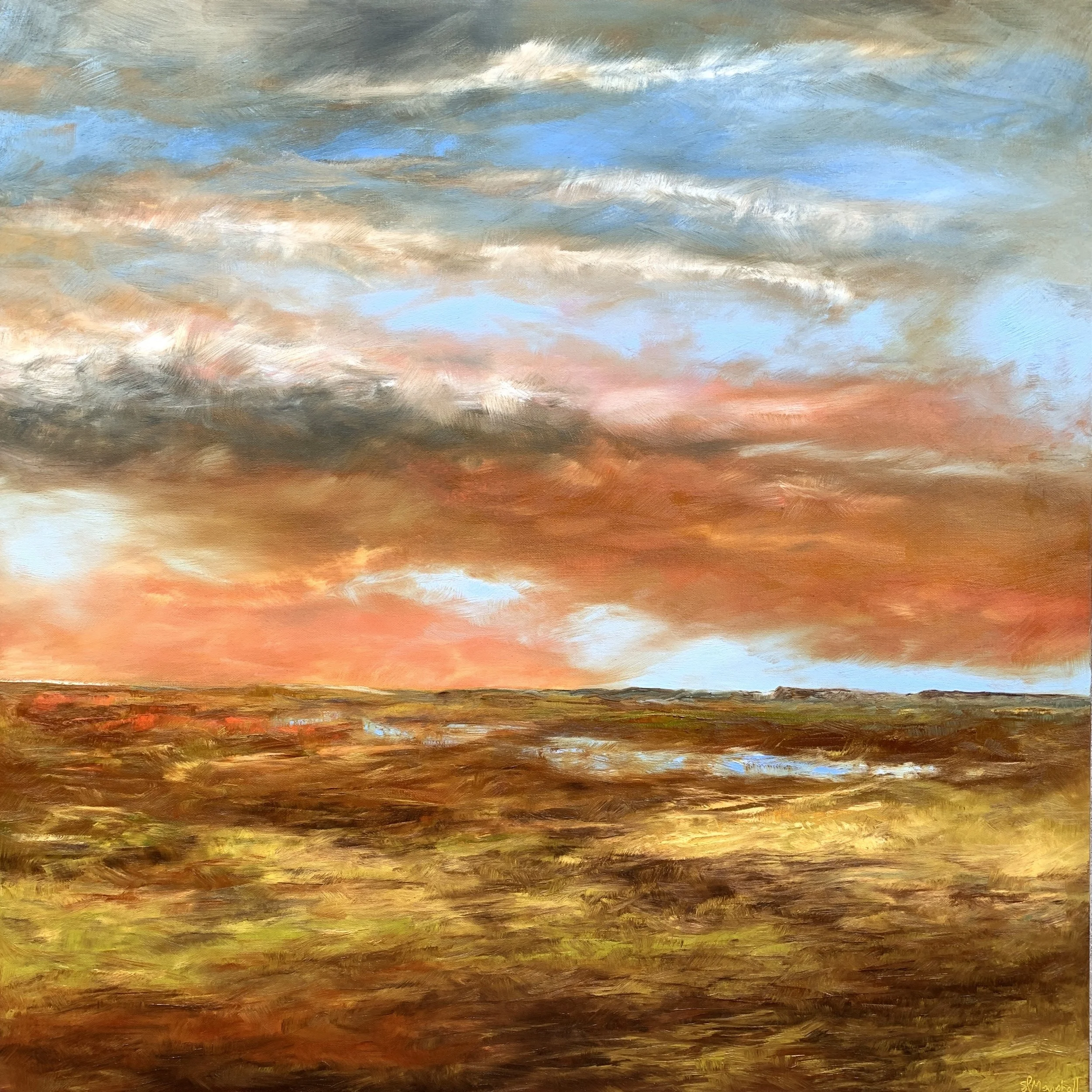 A colorful abstract painting of a sunset sky with clouds and a horizon of land or water.