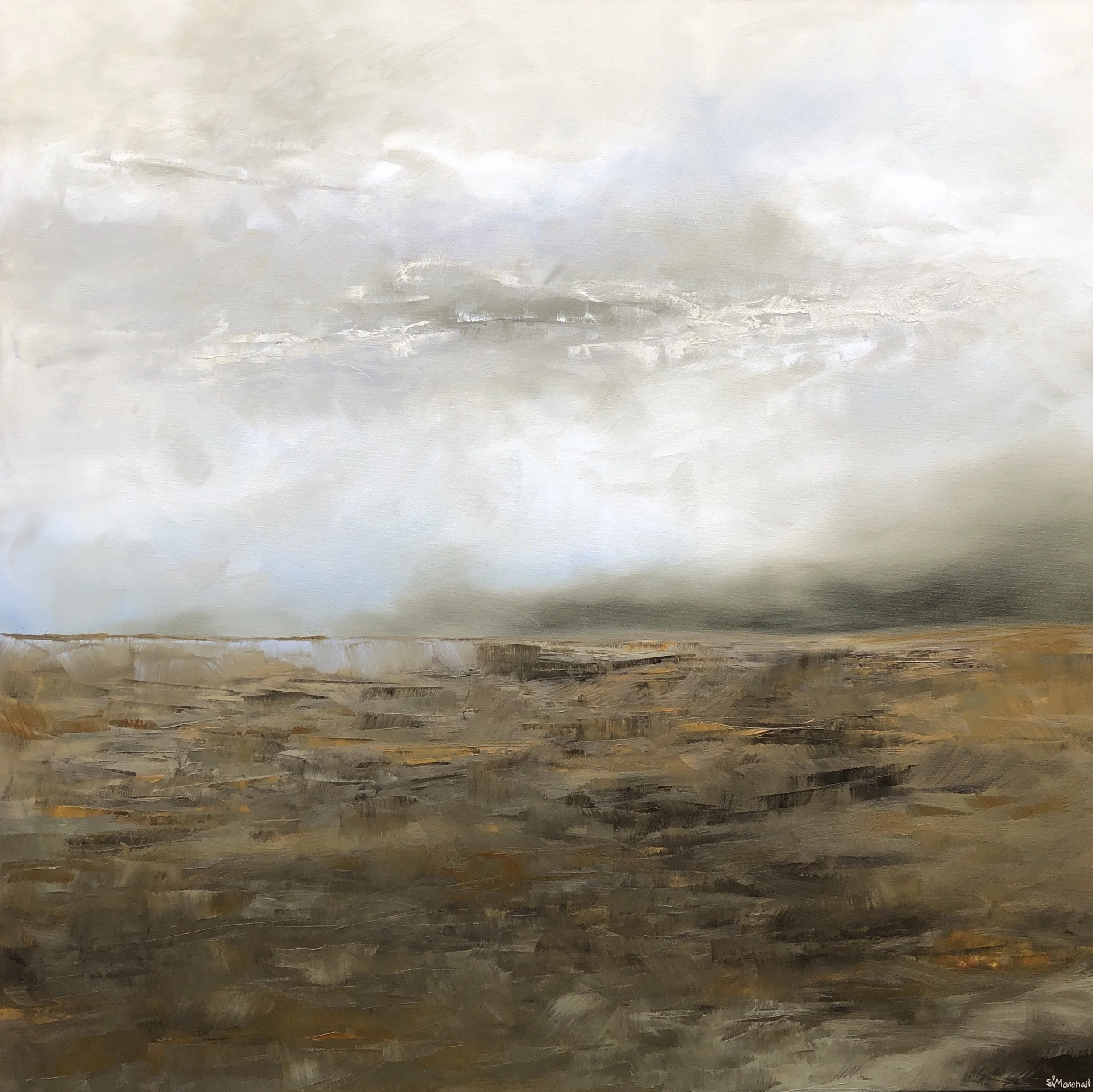 Close-up of an abstract textured painting with horizontal brush strokes in muted earth tones, from tan to dark brown.